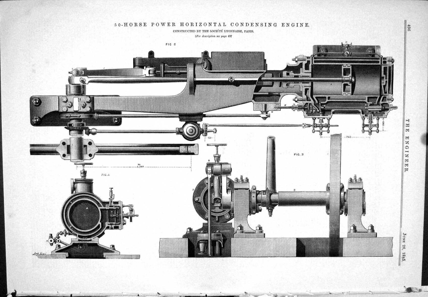 Old Print 1885 50-Horse Power Horizontal Condensing Engine Societe Paris 19th