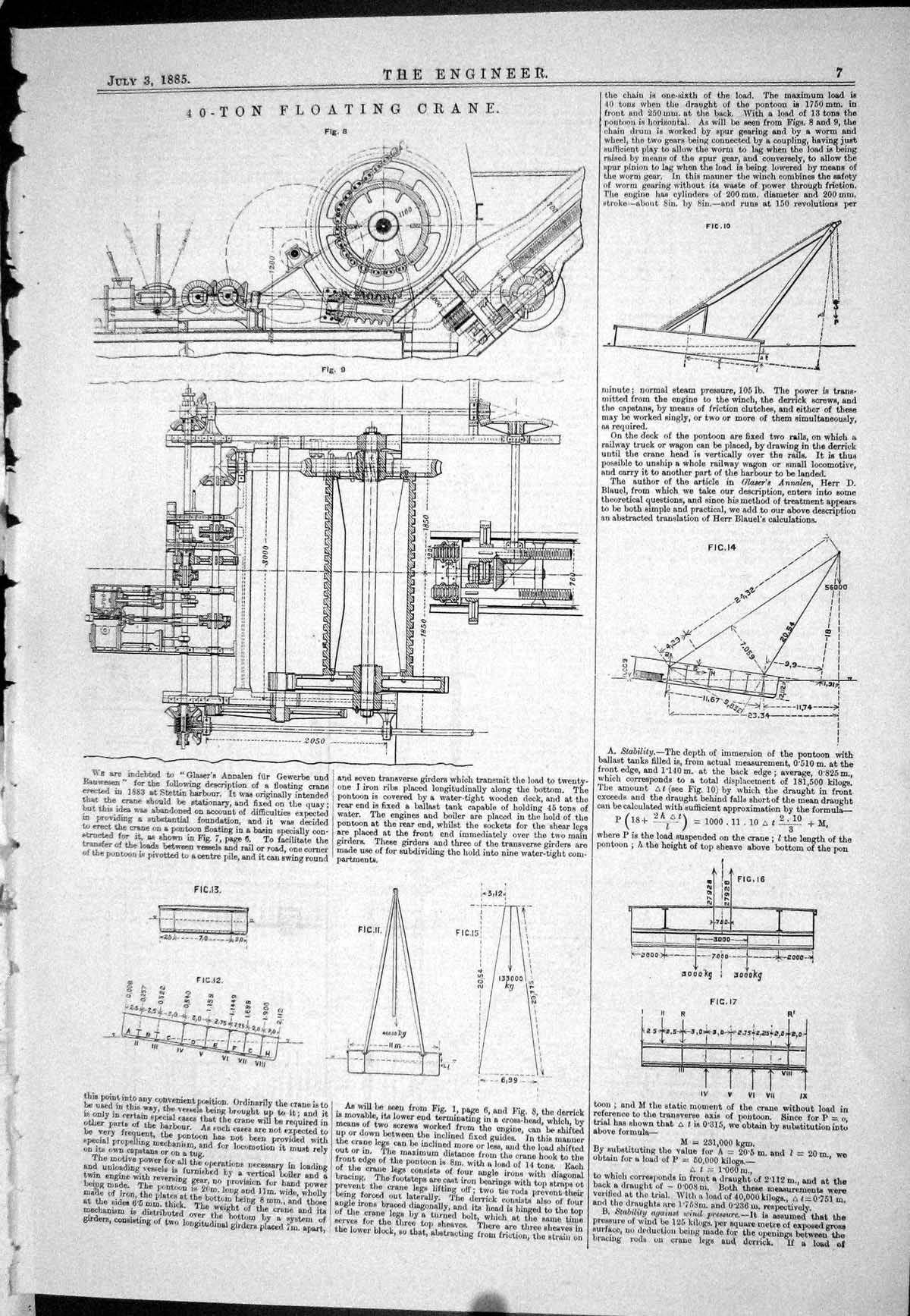 Old Print 1885 Floating Crane 40 Ton Letters Editor Diagrams Eastern Mill 19th