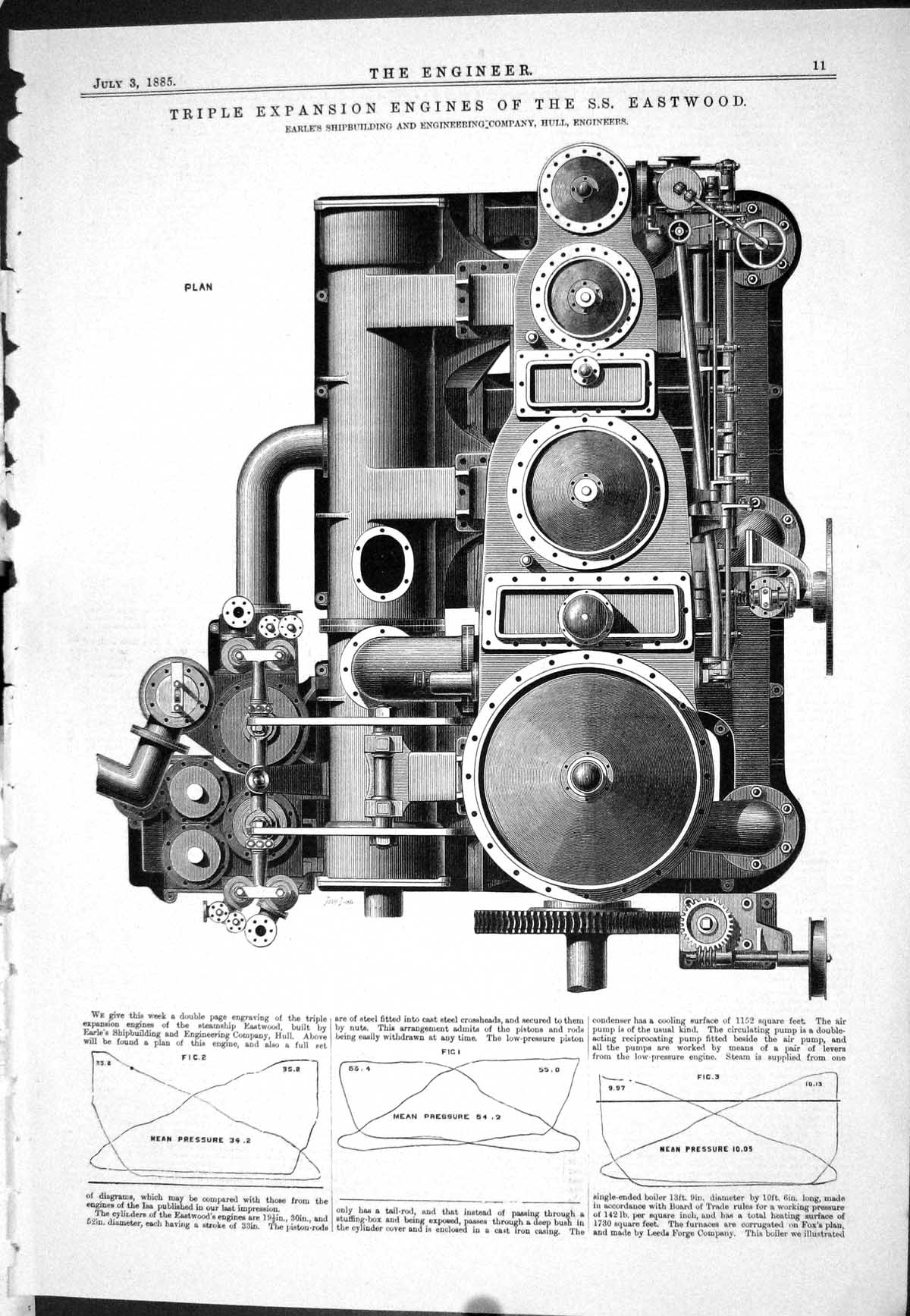 Old Print 1885 Triple Expansion Engines Eastwood S.S. Earle Shipbuilding 19th