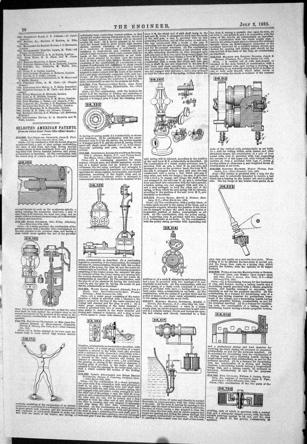 Old Print 1885 American Patents Steam Governor Killip Water Gauge Ochwadt 19th