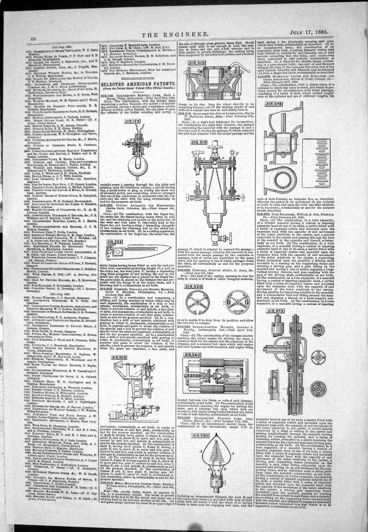 Old Print 1885 American Patents Core-Bar Shickle Tube Expander Bole Crane 19th