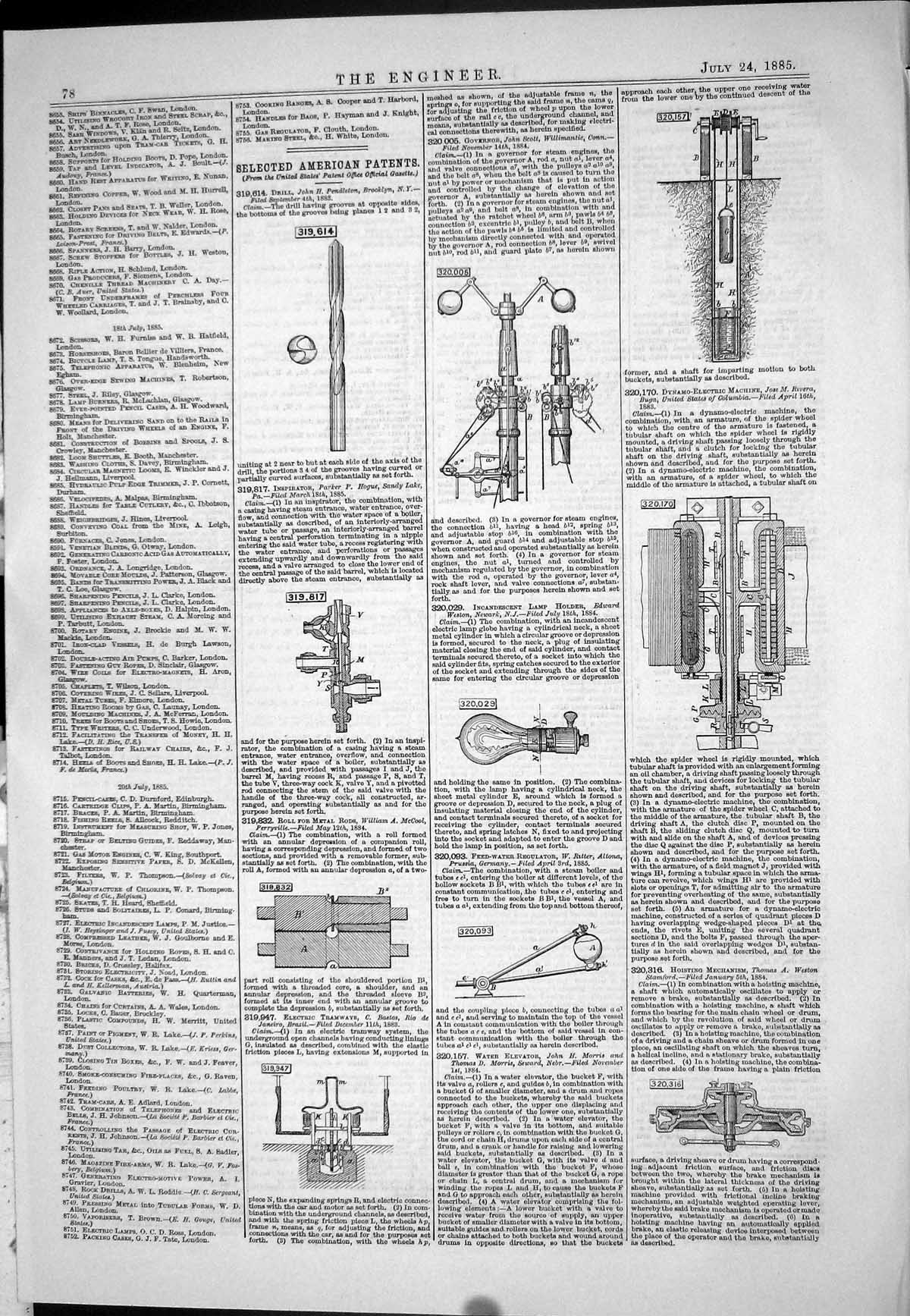 Old Print 1885 American Patents Drill Pendleton Inspirator Hogue Governor 19th