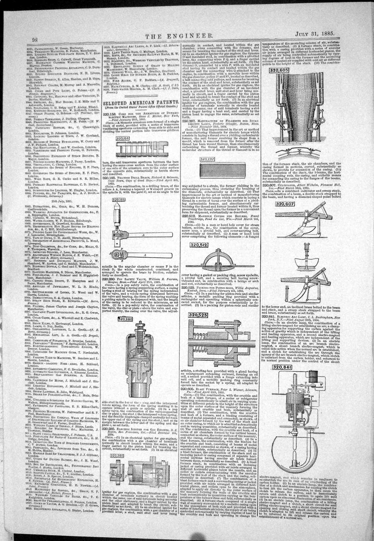 Old 1885 American Patents Friction Drill Brace Solomon Blast Furnace Victorian