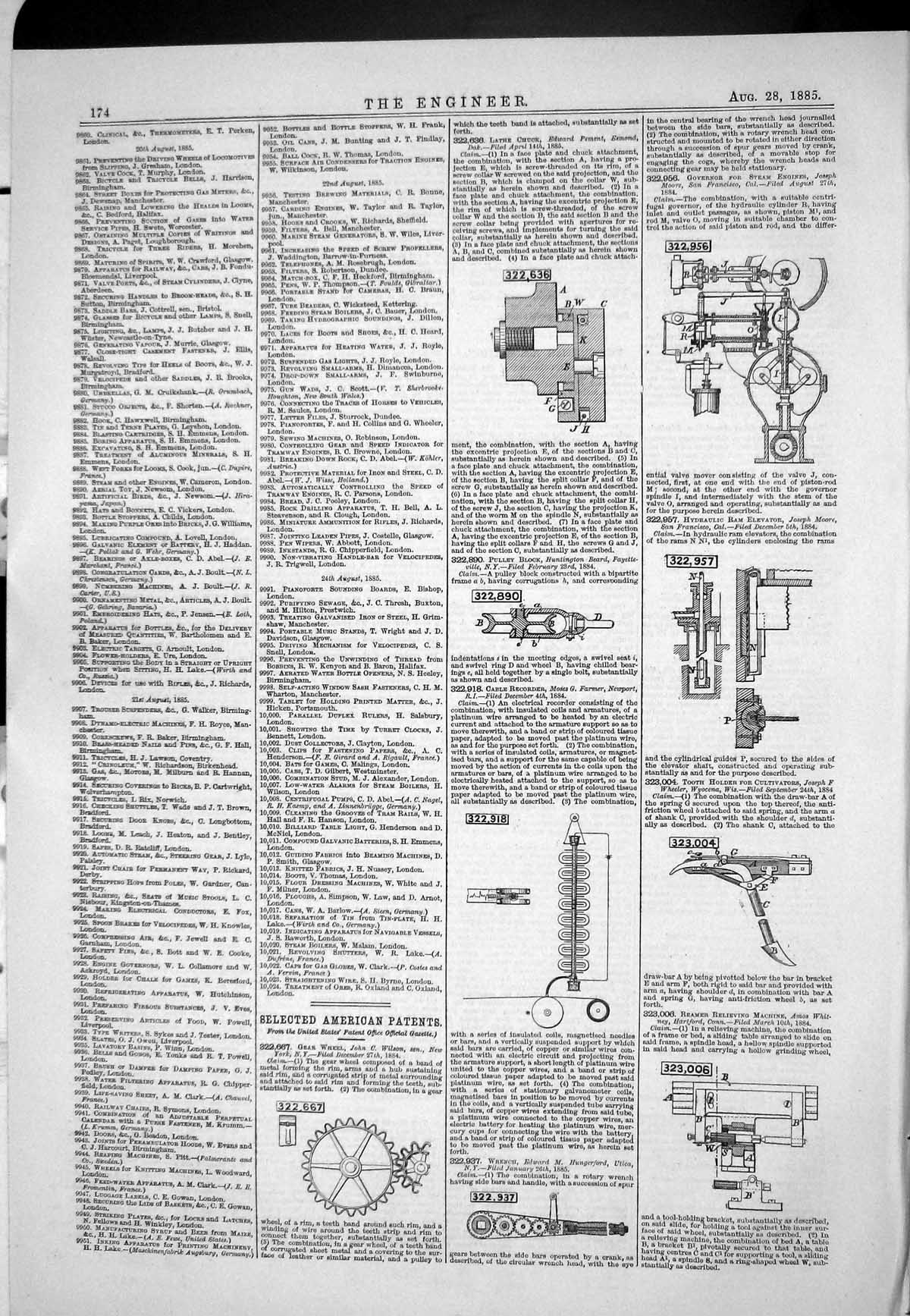 Old 1885 American Patents Gear Wheel Wilson Lathe Chuck Pement Beard Victorian