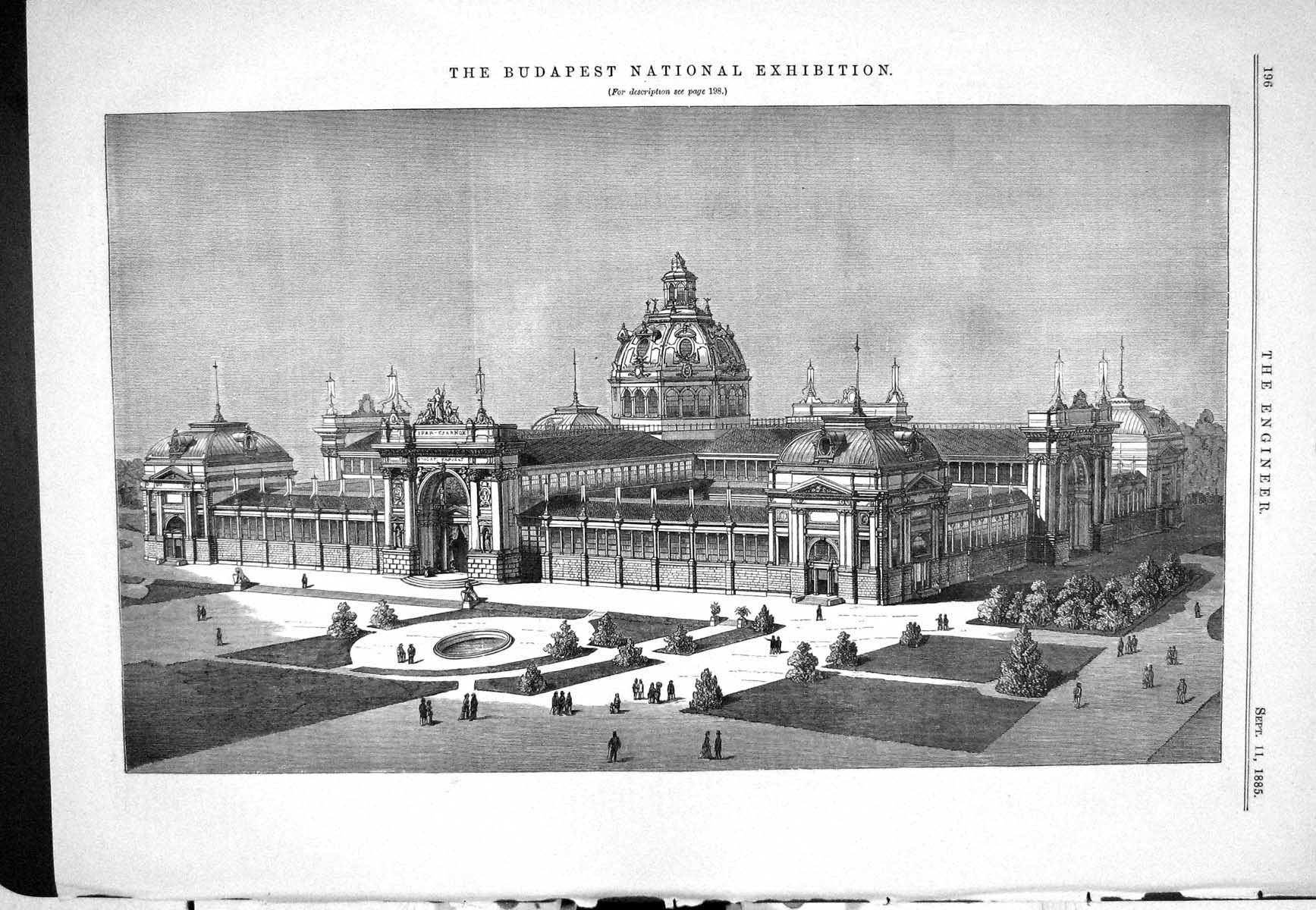 Original Old Antique Print 1885 Budapest National Exhibition Image Engineering