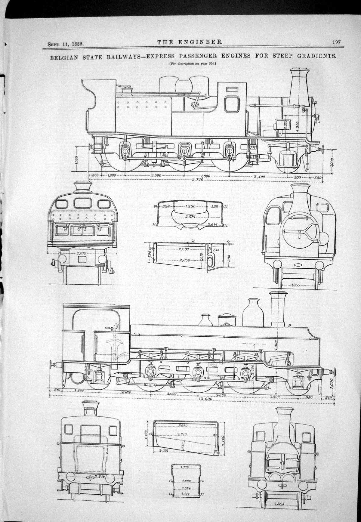 Antique Old Print 1885 Belgian State Railways Express Passenger Engines Steep