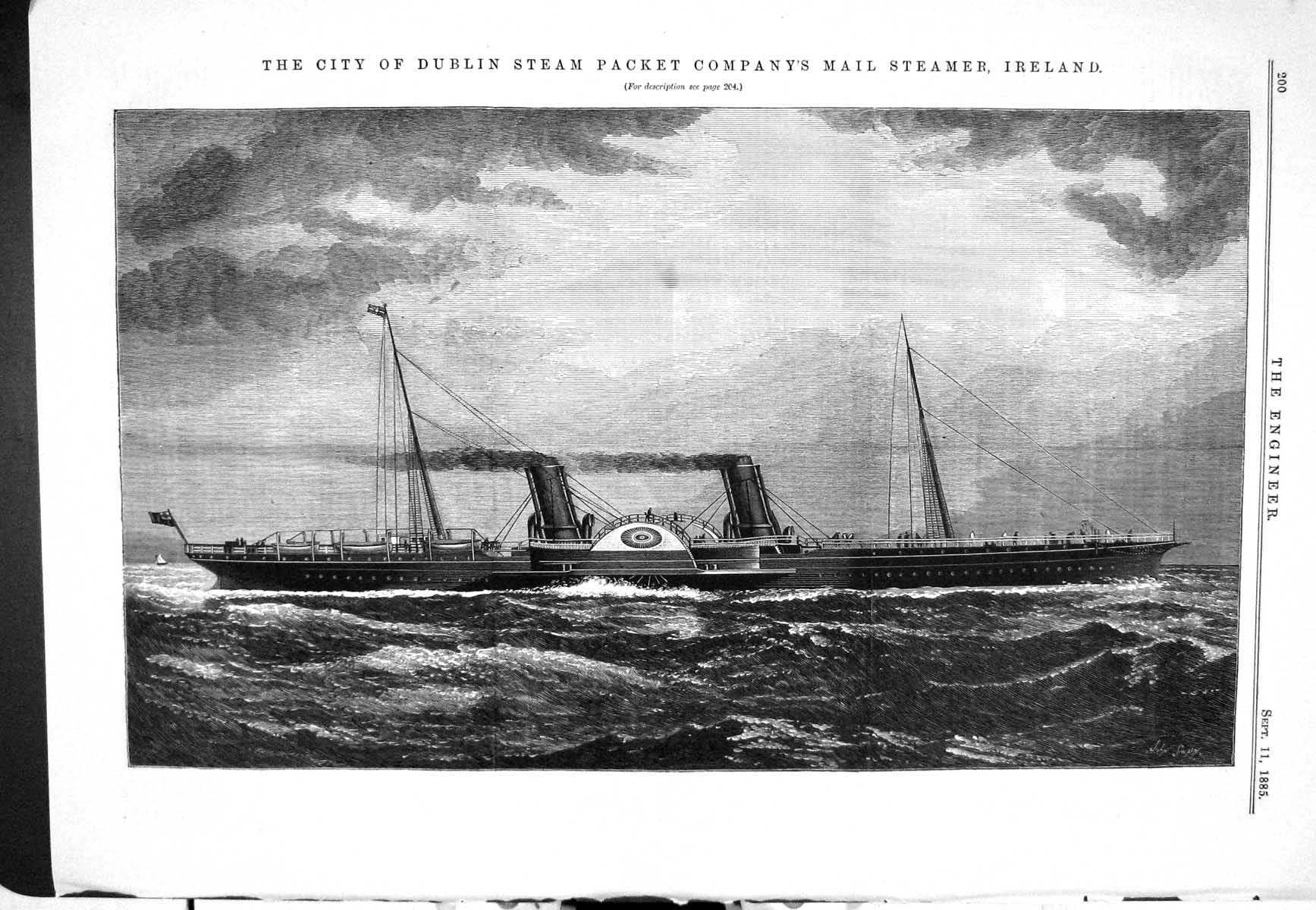 Antique Old Print 1885 Dublin Steam Packet Mail Steamer Ireland Company Swain