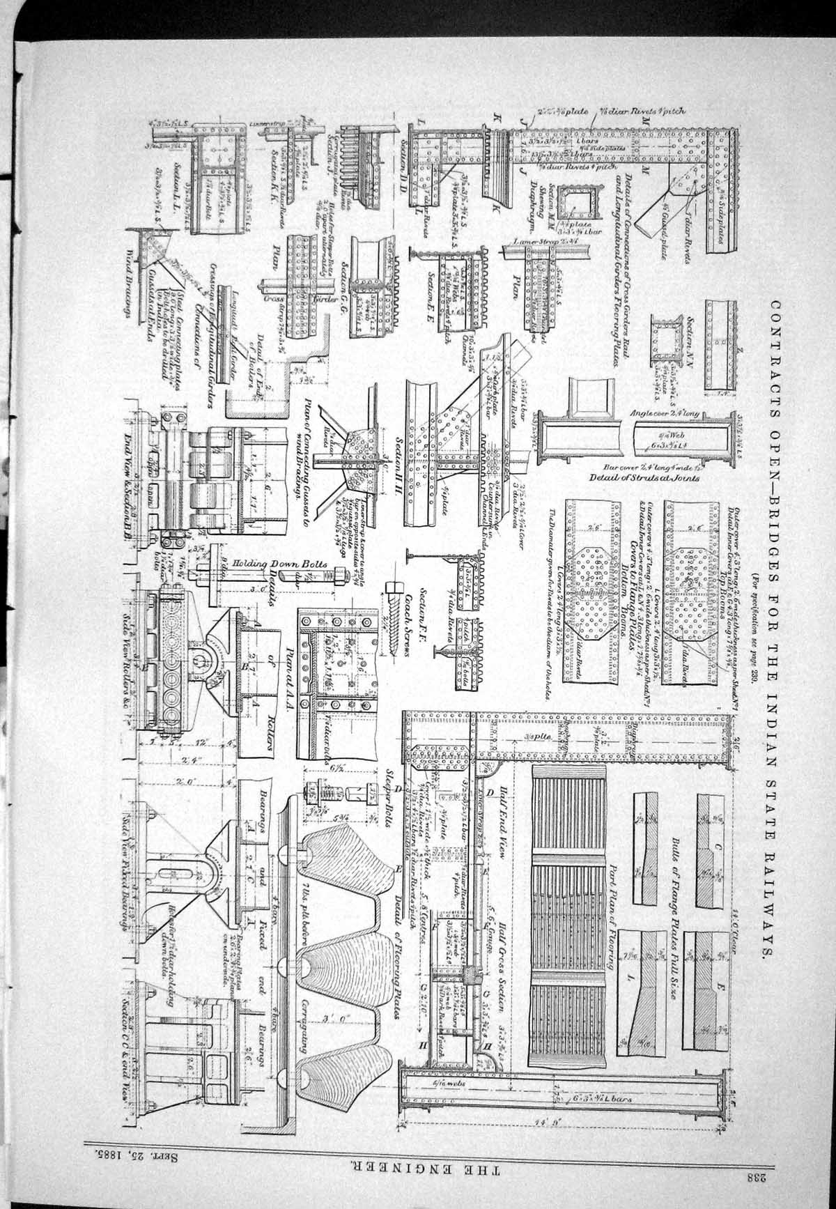 Old Print 1885 Bridges Indian State Railways Contracts Plan Section View 19th