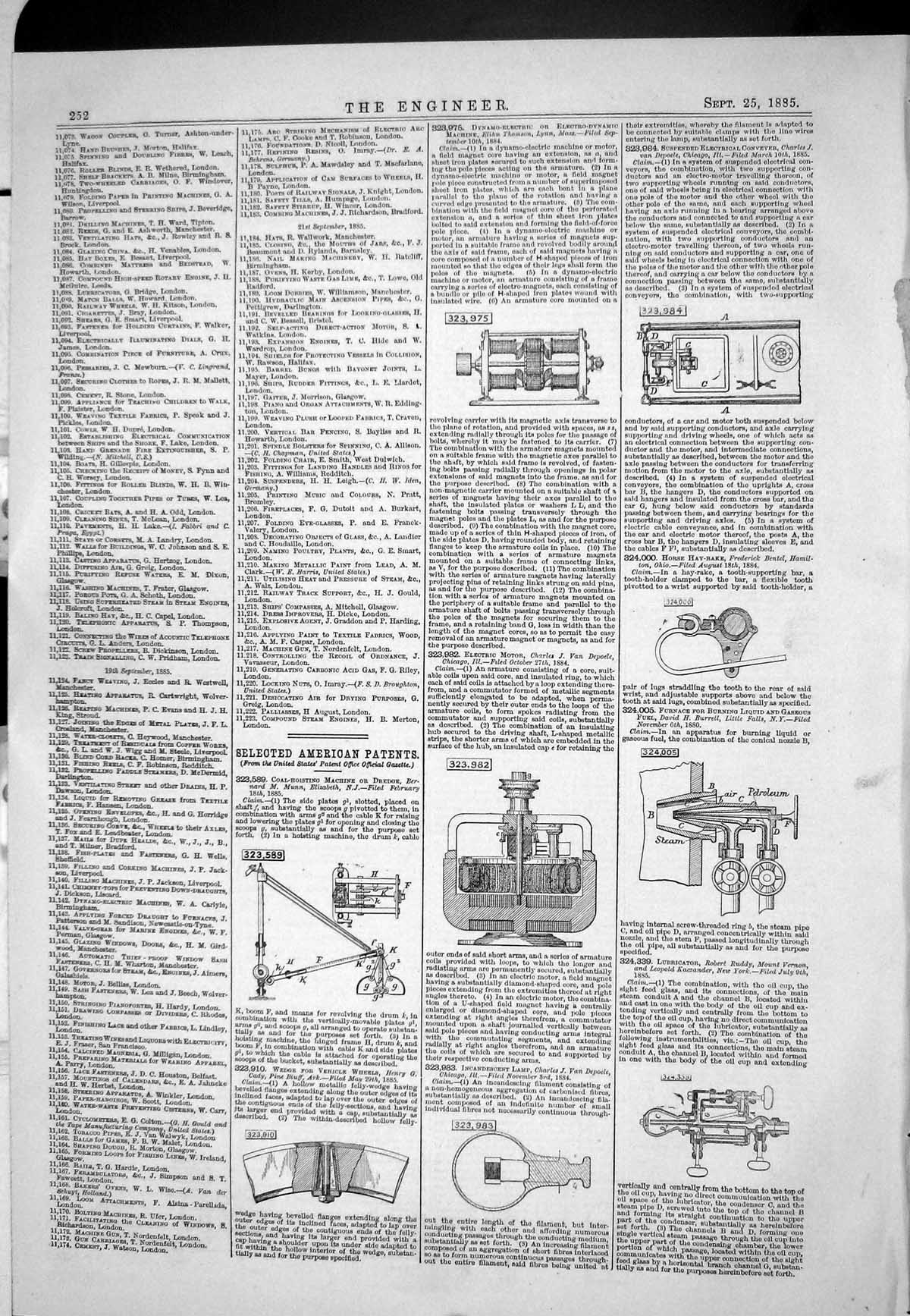 Old Print 1885 American Patents Coal-Hoisting Machine Munn Electric Motor 19th