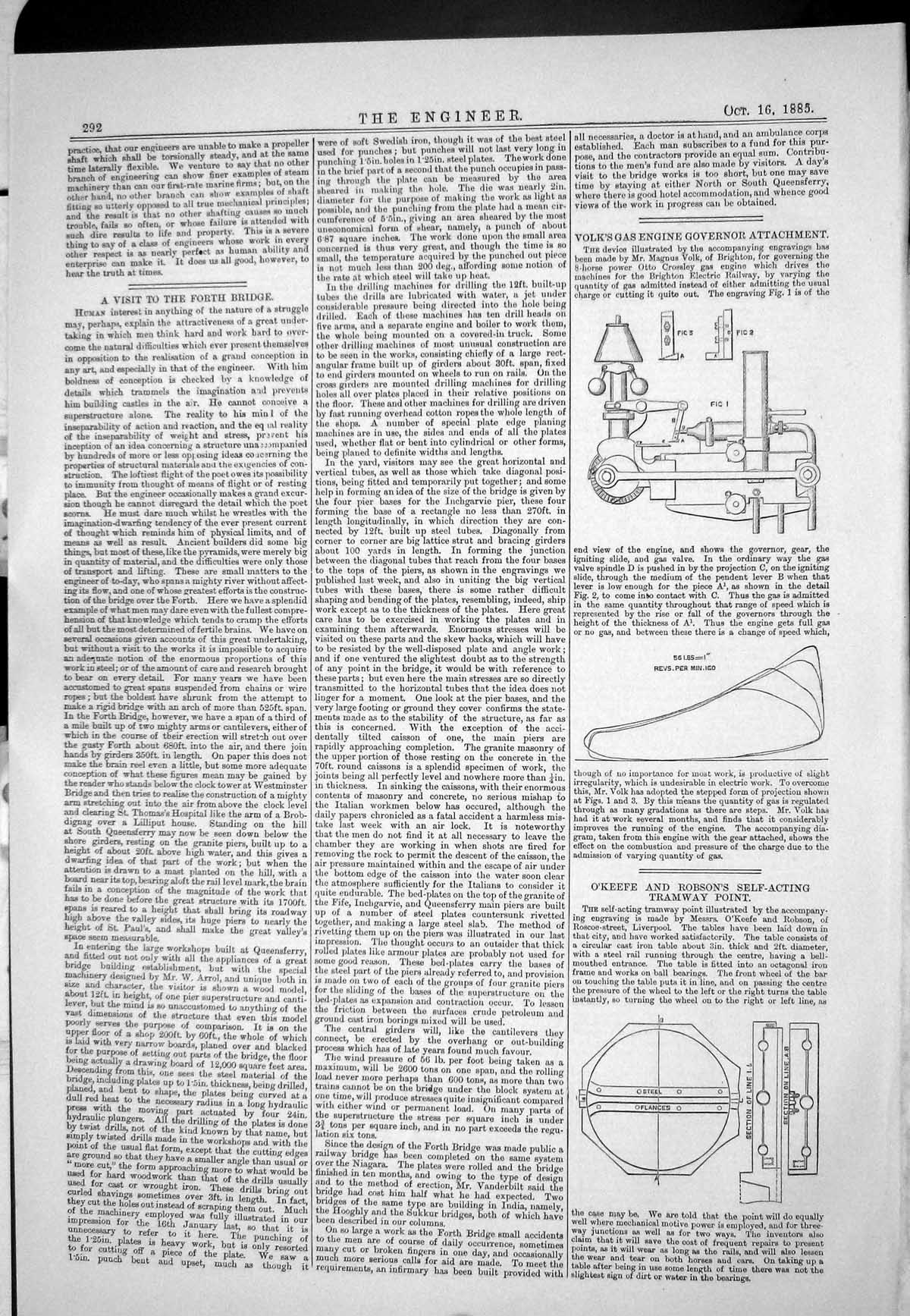 Old Print 1885 Forth Bridge Volk Gas Engine O'Keefe Robson Tramway Point 19th