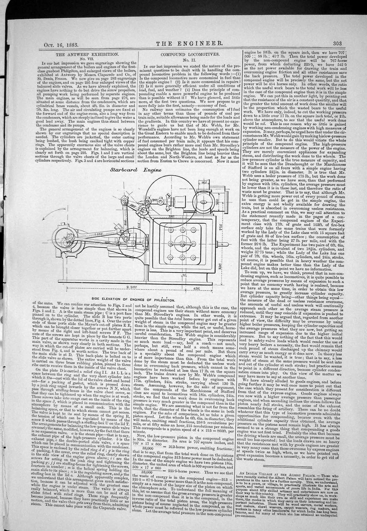 Old Print 1885 Starboard Engine Locomotives Phlegeton Antwerp Exhibition 19th