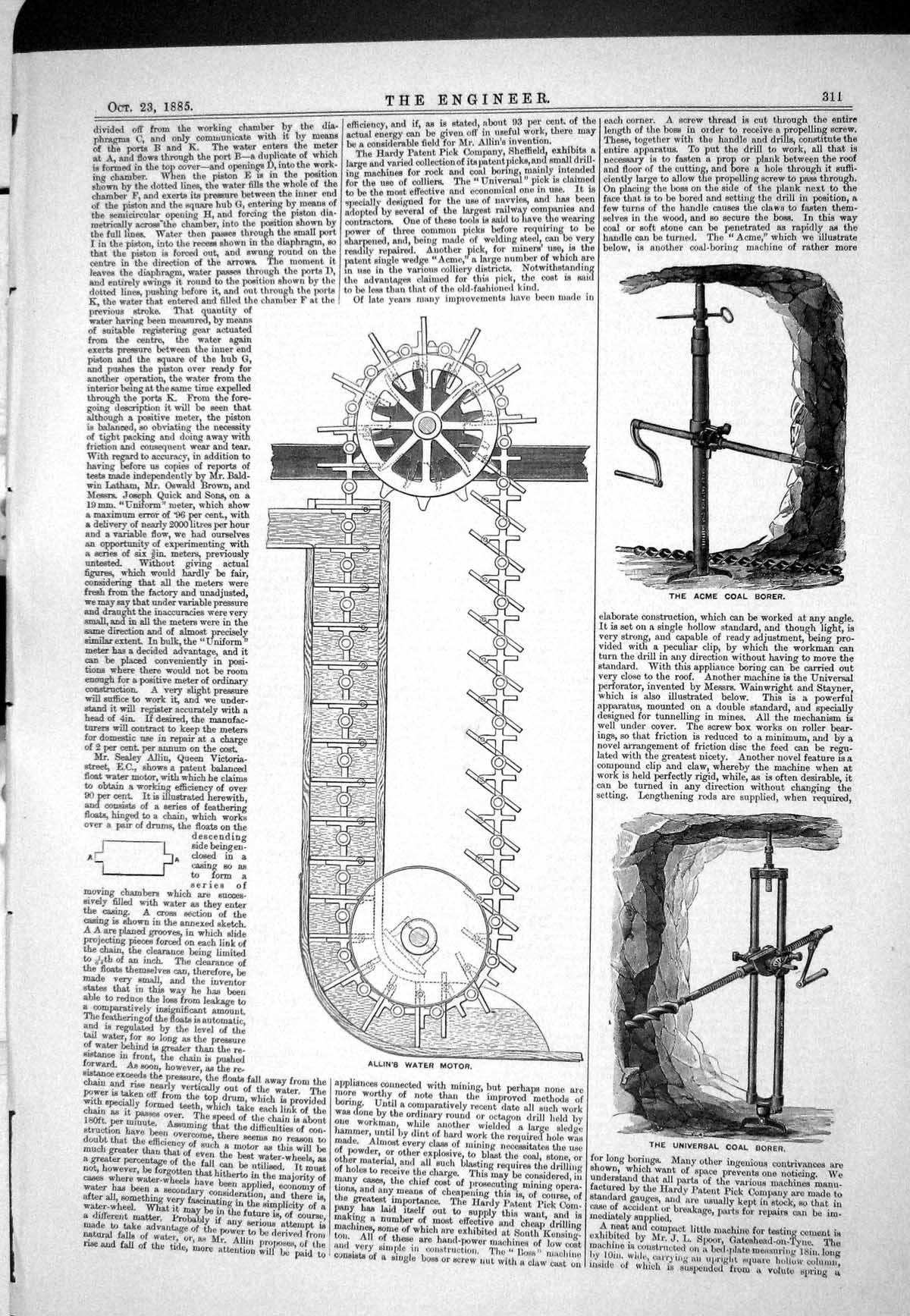 Antique Print 1885 Engineering Allin Water Motor Universal Coal Borer Acme 19th