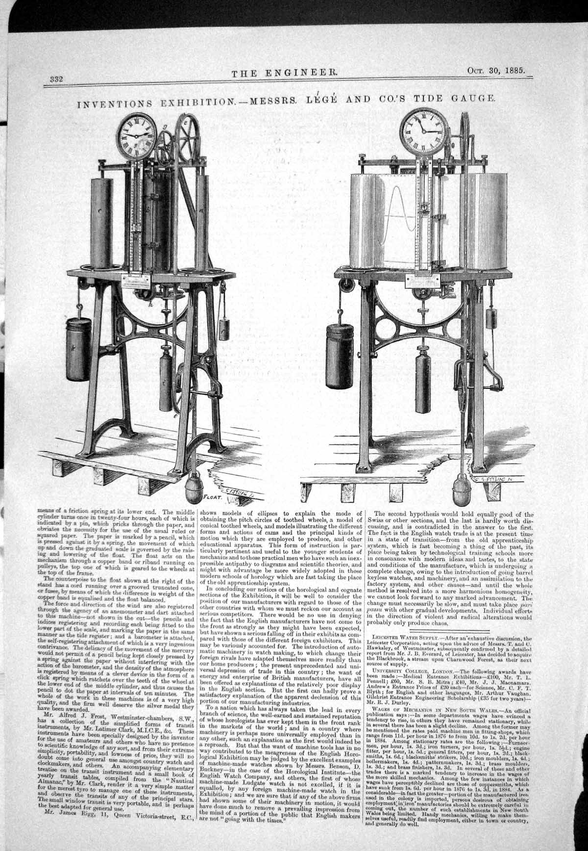 Old 1885 Inventions Exhibition Lege Tide Gauge Leicester Water Supply Victorian