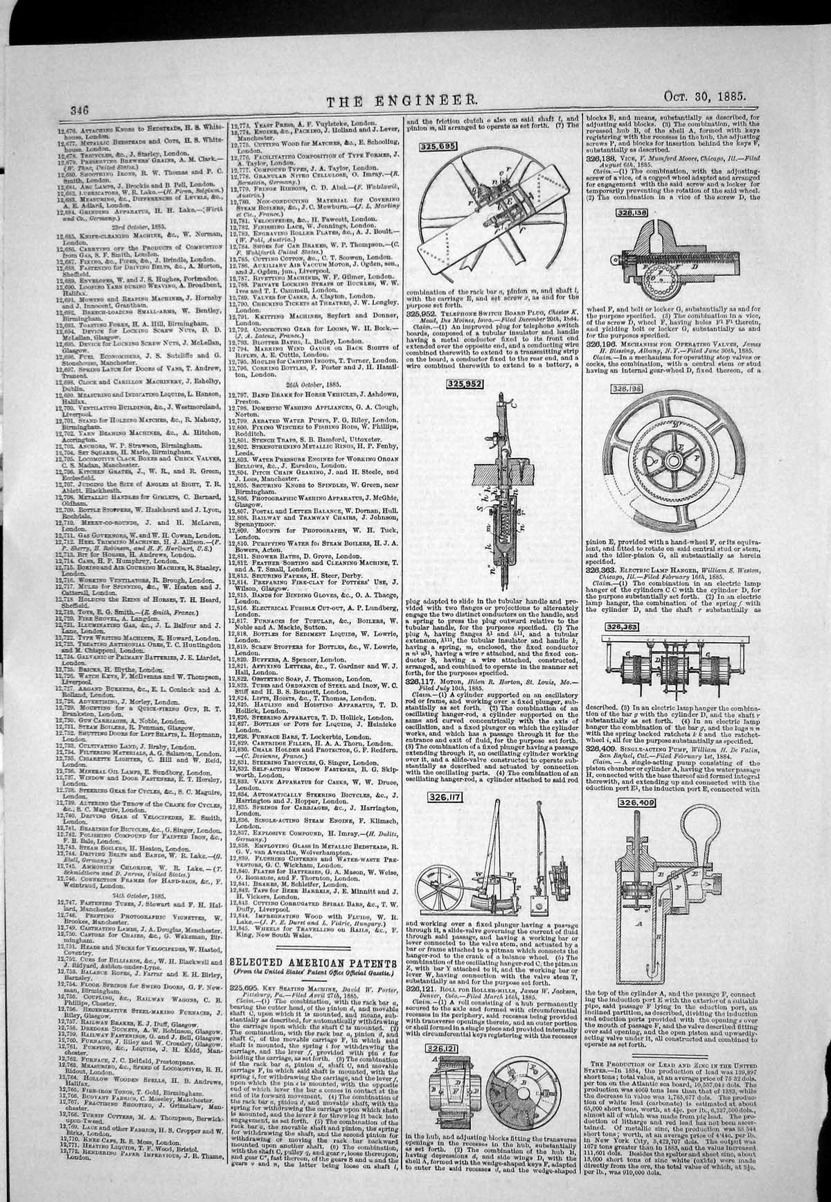 Old 1885 American Patents Key Seating Machine Porter Motor Horton Vic Victorian