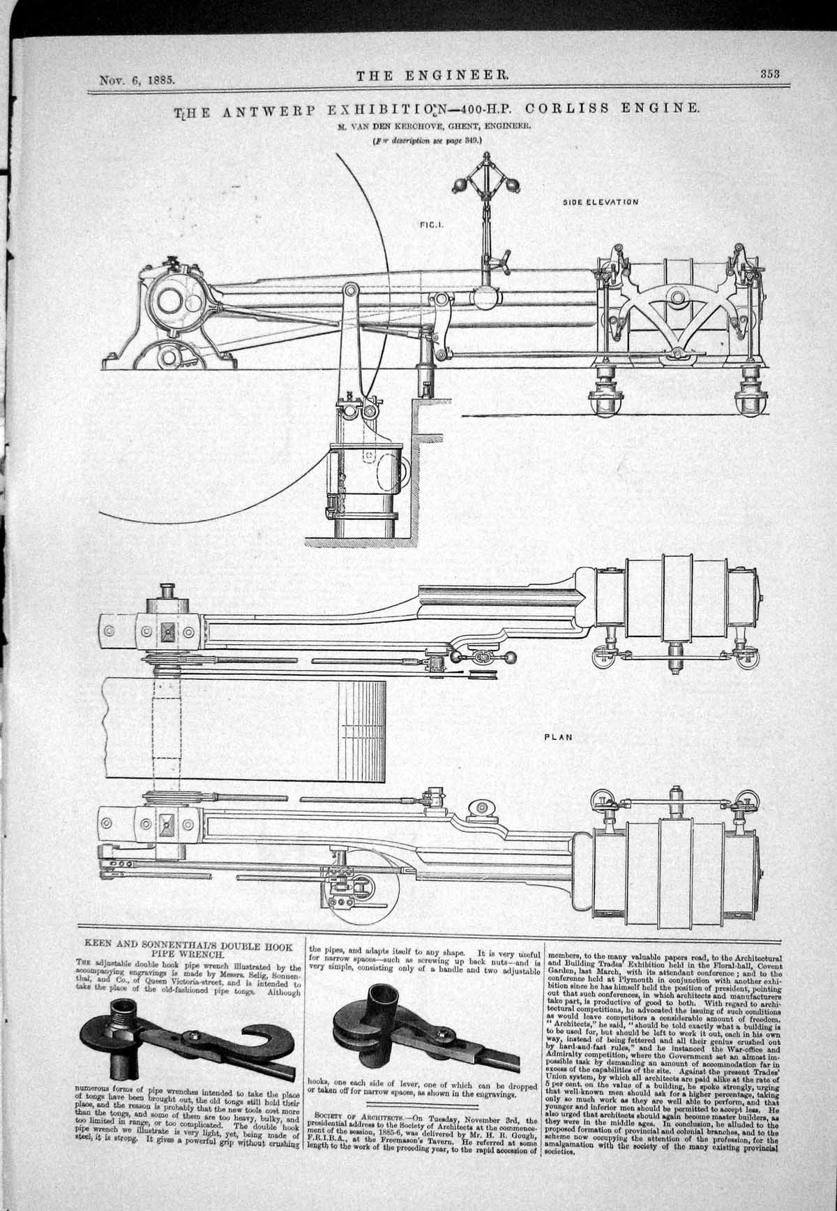 Old Print 1885 Antwerp Exhibition Corliss Engine Sonnenthal Douse Tenders 19th