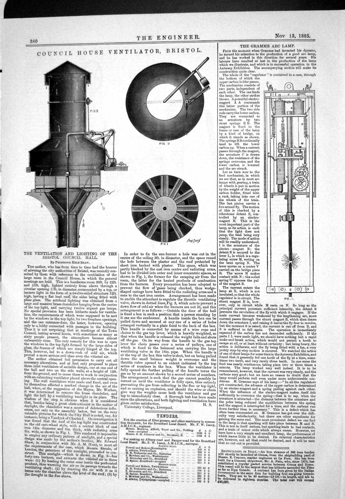 Old Print 1885 Council House Ventilator Bristol Shaw Hall Gramme Arc Lamp 19th