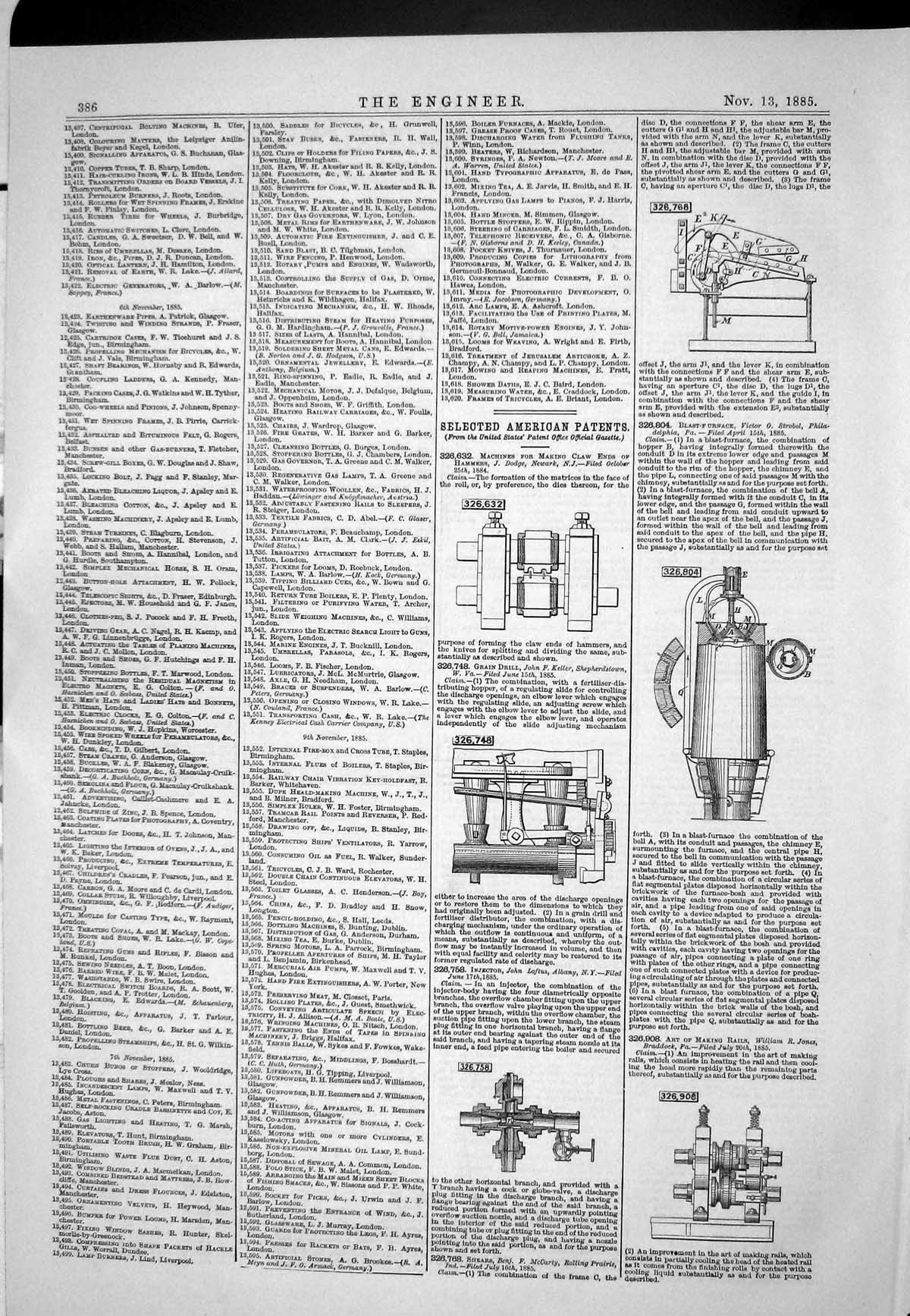 Old 1885 American Patents Machines Hammer Dodge Grain Drill Keller Jo Victorian