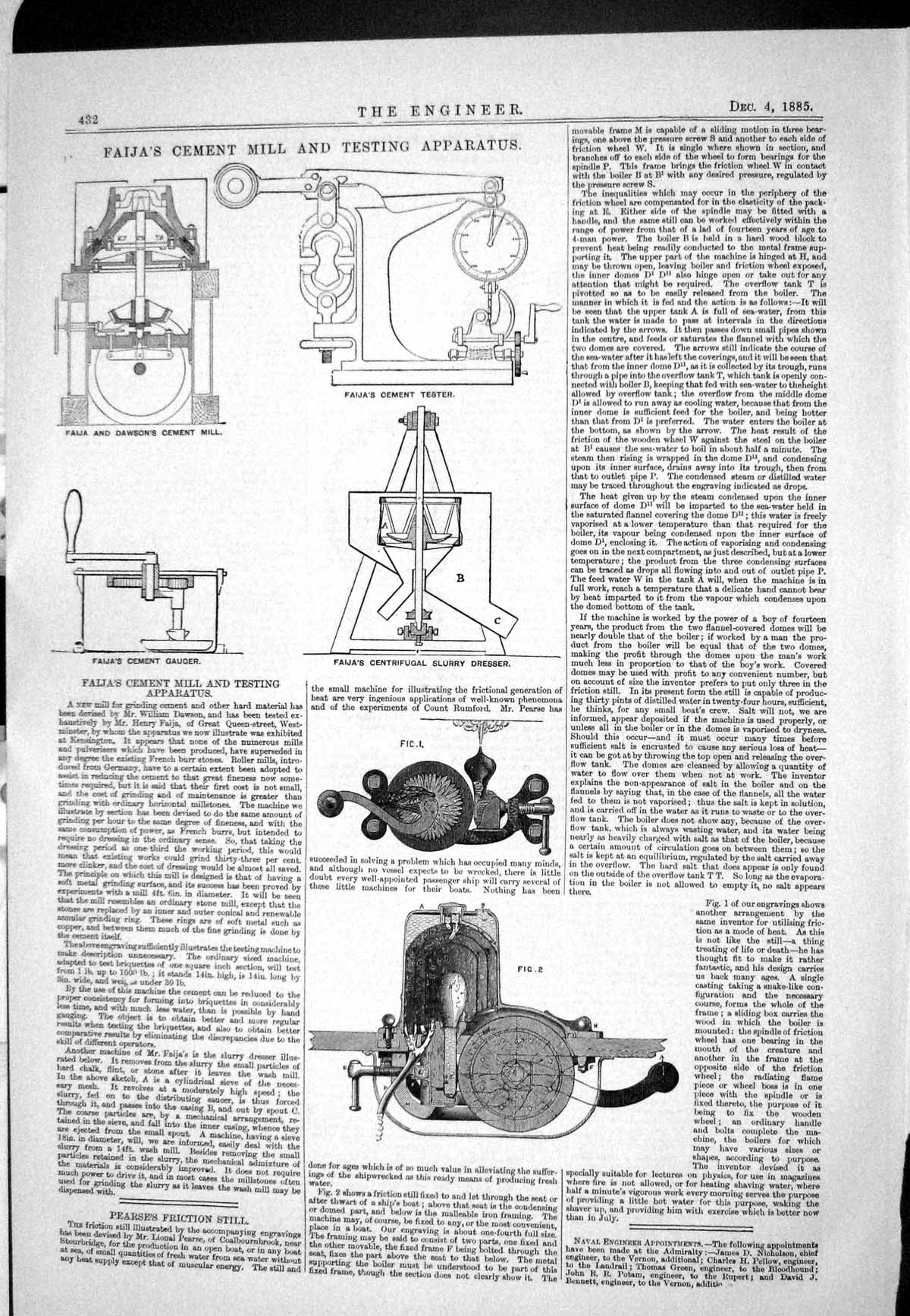 Old Print 1885 Faija Cement Mill Testing Apparatus Pearse Friction Still 19th