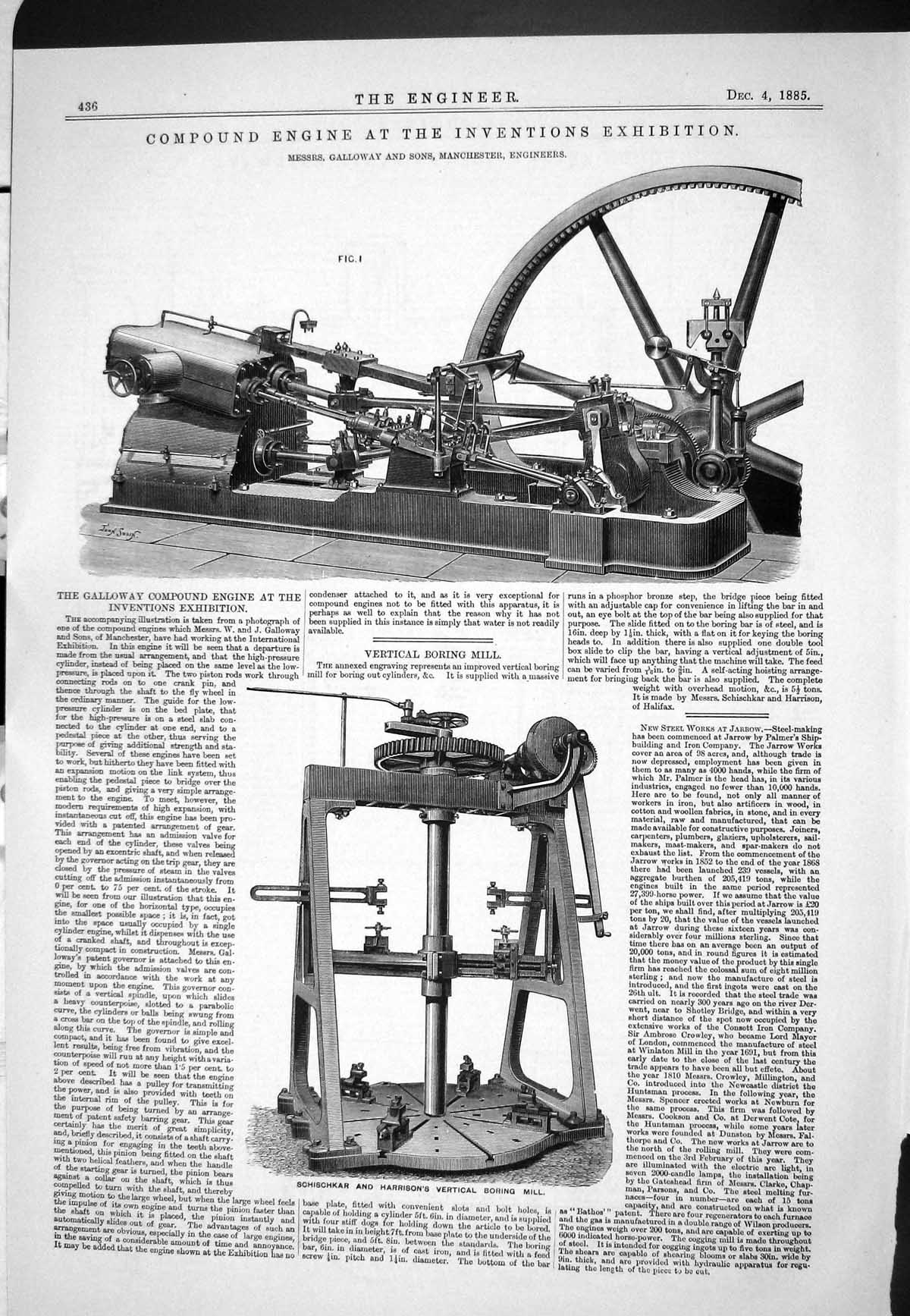 Old Print 1885 Compound Engine Inventions Exhibition Galloway Boring Mill 19th