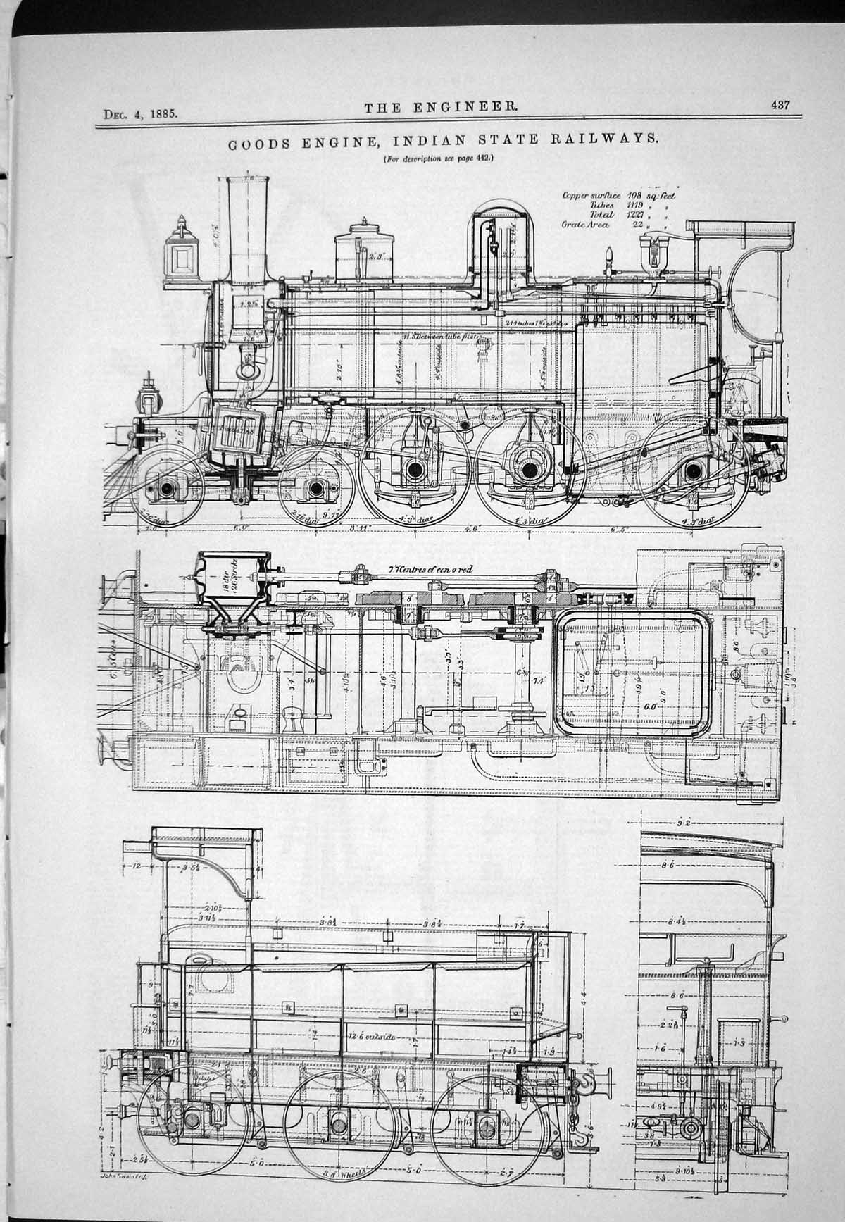 Antique Old Print 1885 Goods Engine Indian State Railways John Swain Diagrams