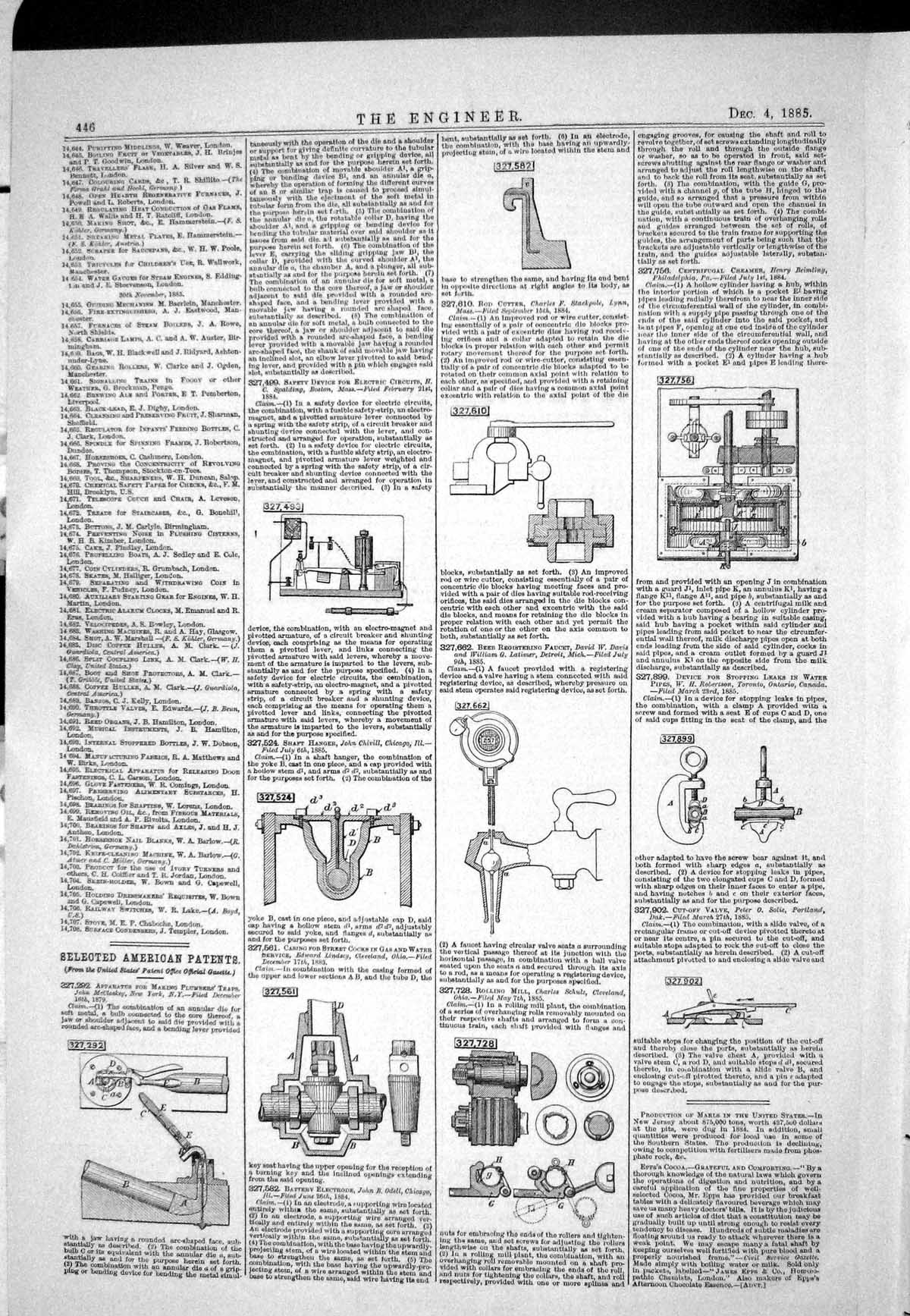 Old Print 1885 American Patents Shaft Hanger Chivill Rod Cutter Stackpole 19th