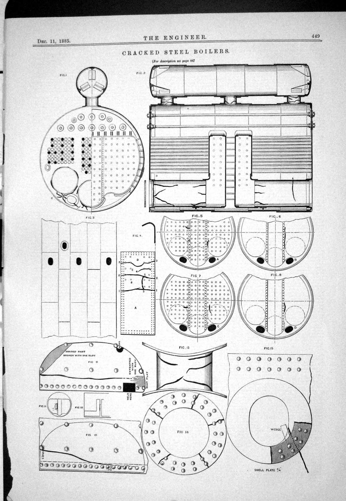 Antique Old Print 1885 Engineering Cracked Steel Boilers Diagrams Shell Plate