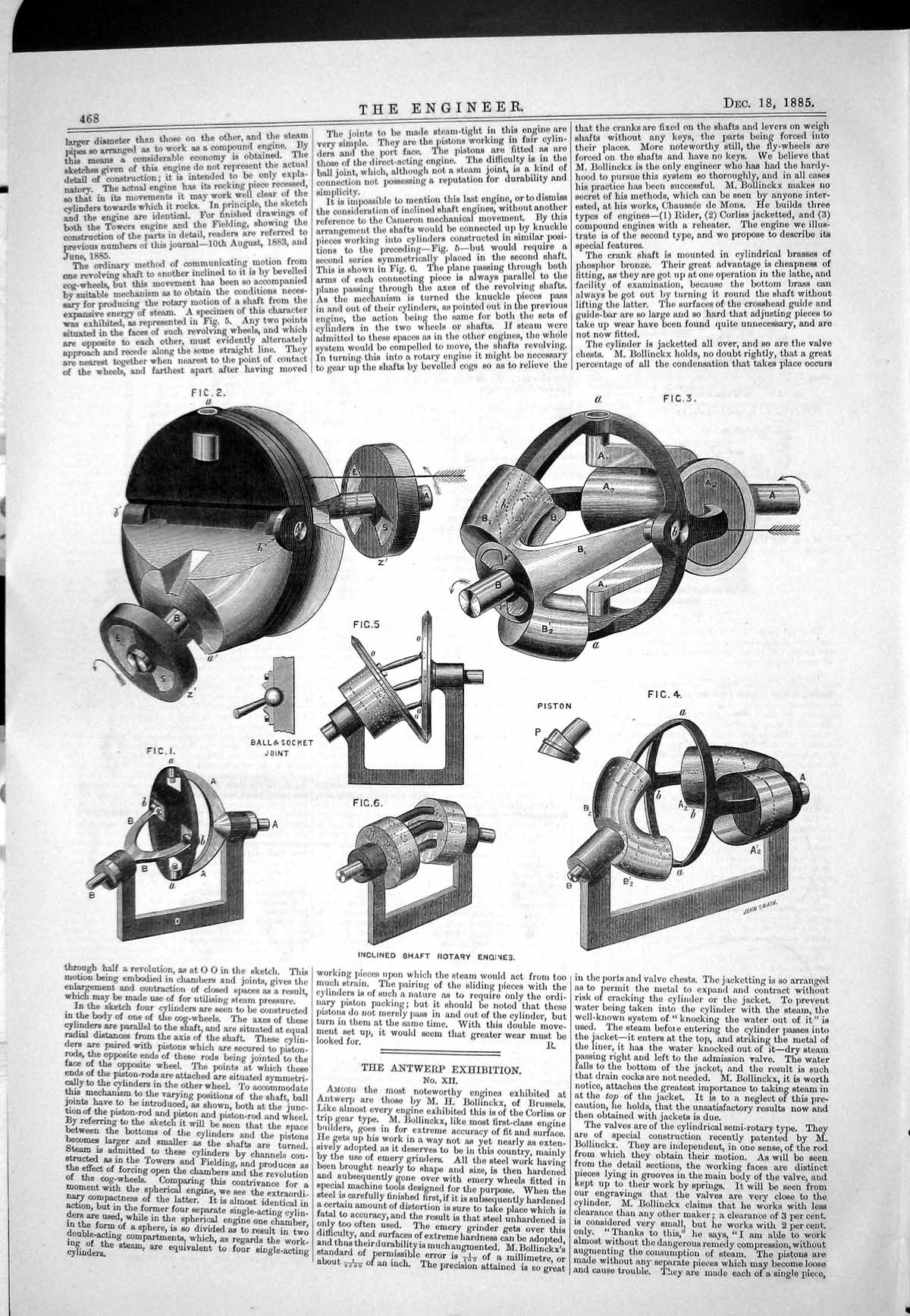 Old Print 1885 Antwerp Exhibition Inclined Shaft Rotary Engines Diagrams 19th
