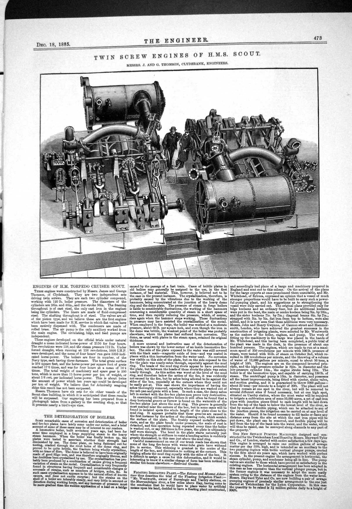 Old Print 1885 Twin Screw Engines Scout H.M.S. Thomson Clydebank Torpedo 19th