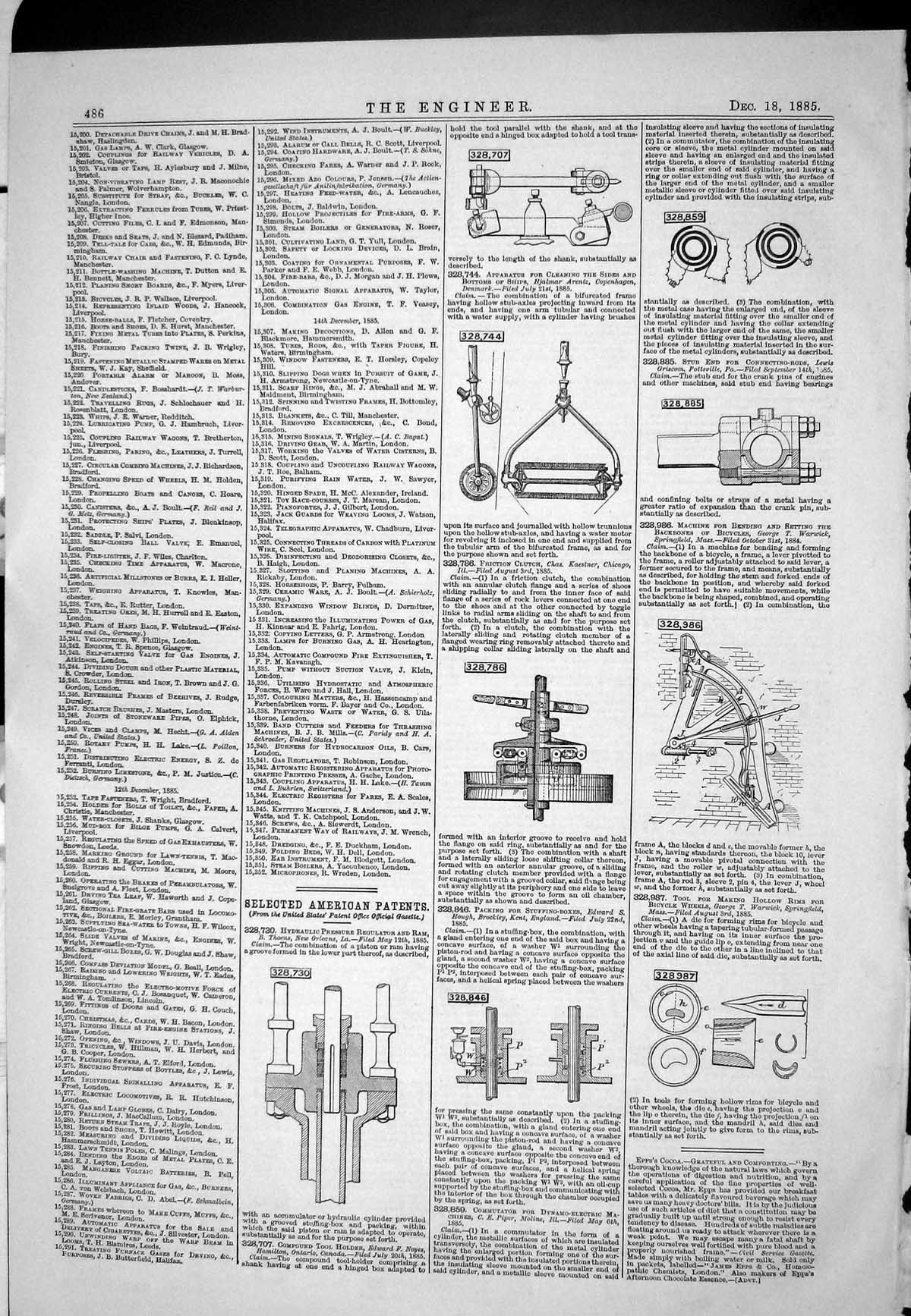 Old Print 1885 American Patents Hydraulic Pressure Thoens Friction Clutch 19th