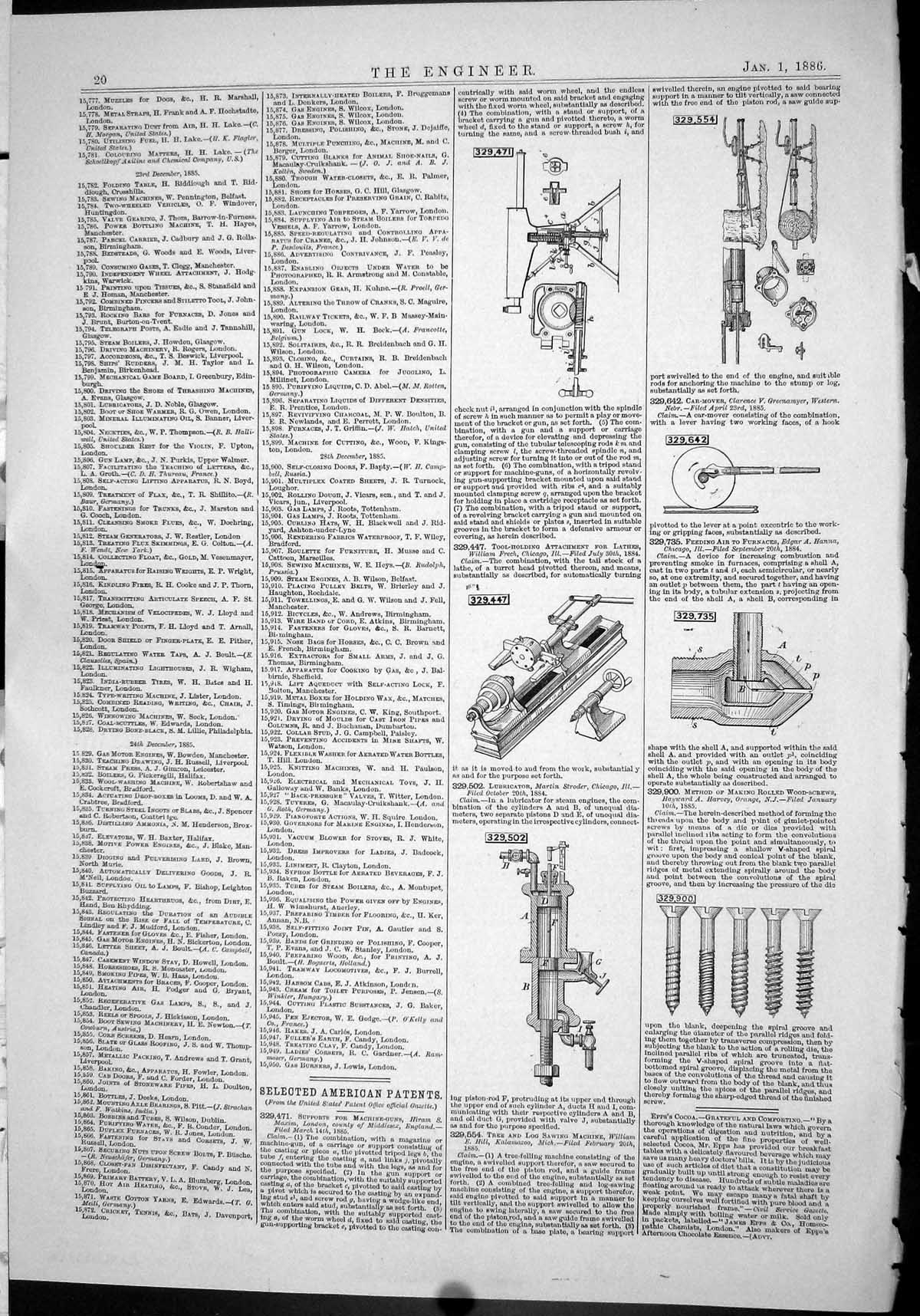 Antique Old Print American Patents 1886 Maxim Stroder Frech Harvey Greenmayer