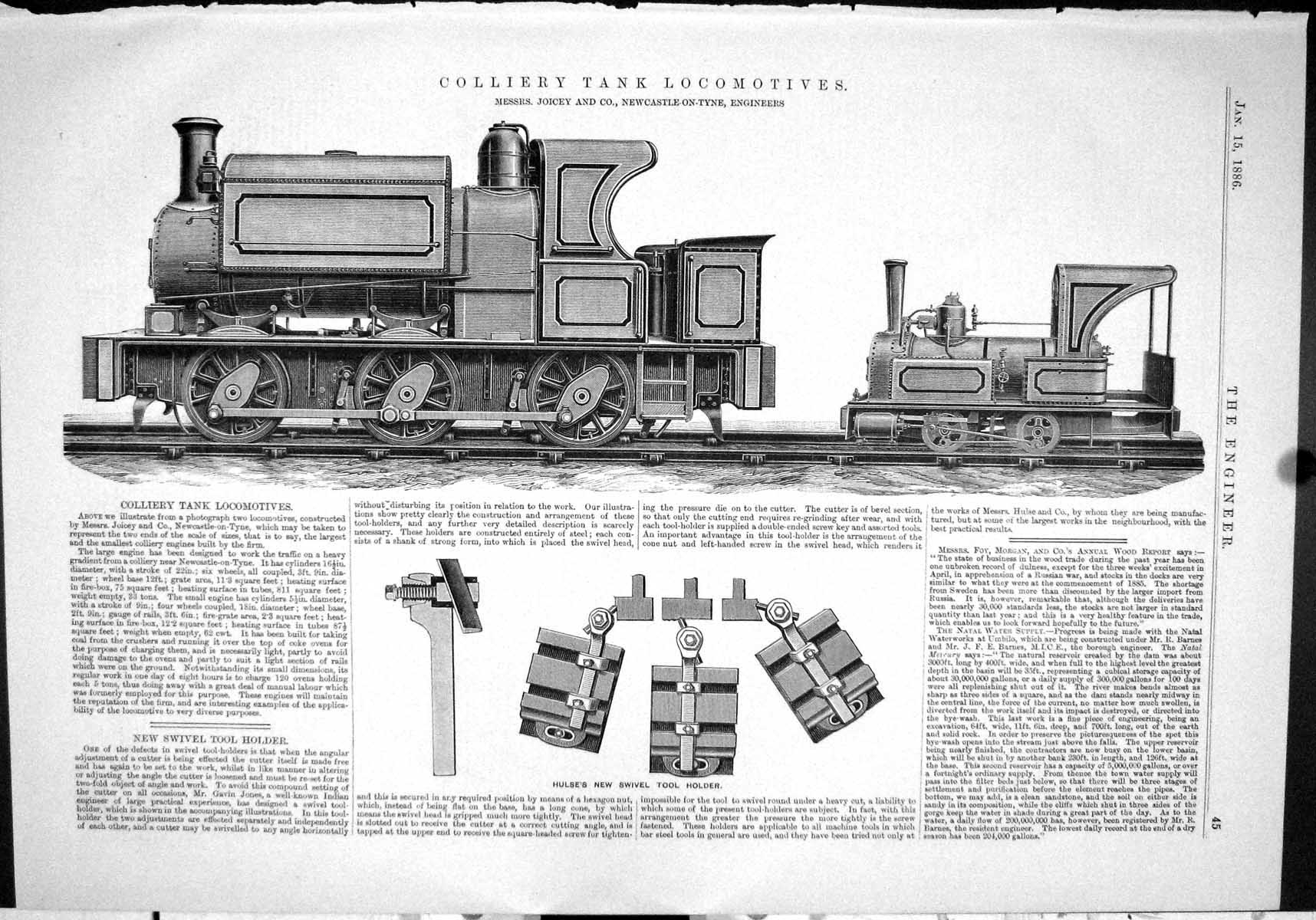 Old Print 1886 Colliery Tank Locomotives Trains Koicey Hulse Swivel Tool 19th