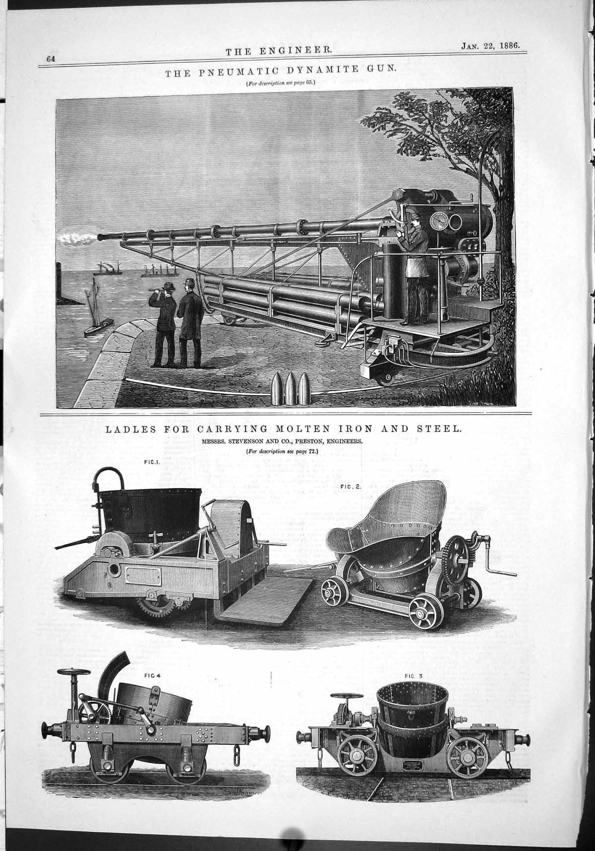 Old Print 1886 Pneumatic Dynamite Gun Ladles Molten Iron Steel Stevenson 19th