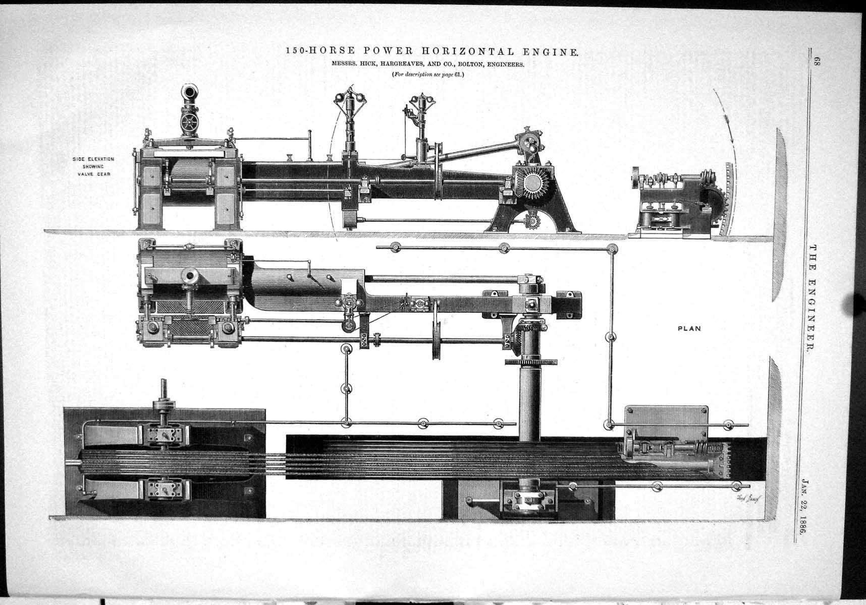 Old Engineering 1886 150-Horse Power Horizontal Engine Hick Hargreave Victorian