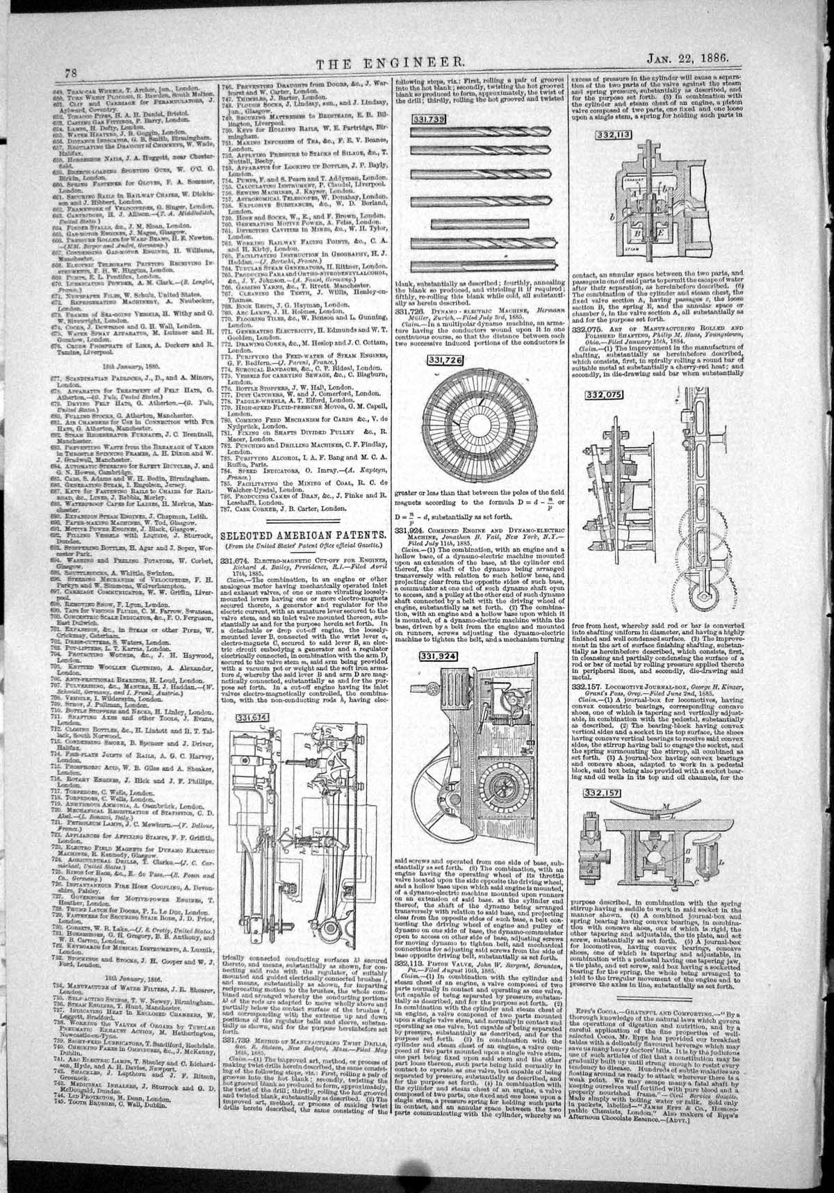 Antique Print 1886 American Patents Bailey Vail Kinzer Haas Hermann Dynamo 19th