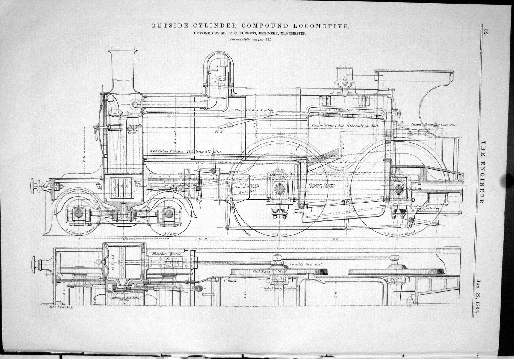 Old Engineering 1886 Outside Cylinder Compound Locomotive Train Burge Victorian