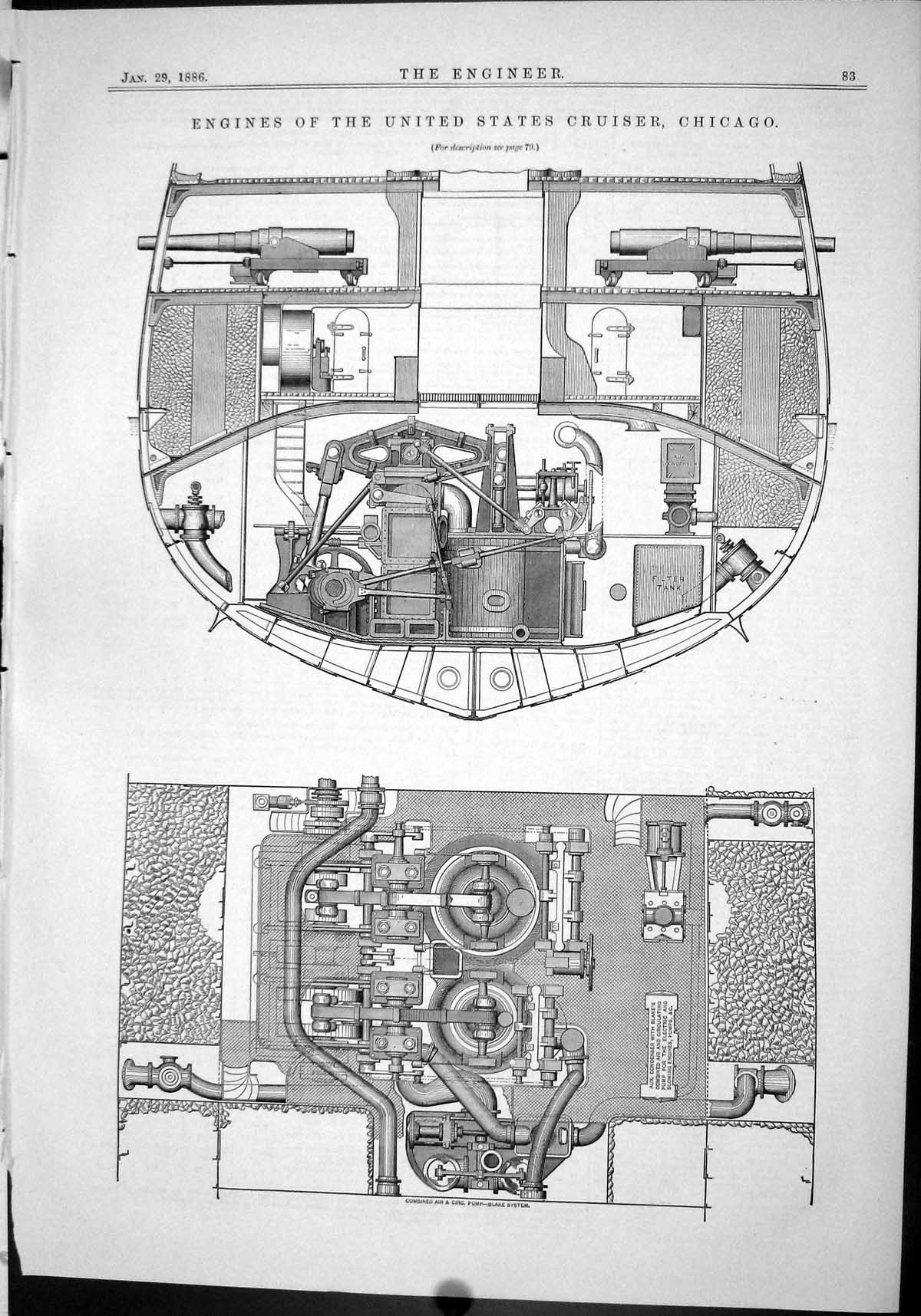 Antique Old Print 1886 Engines United States Cruiser Chicago Filter Tank Ship