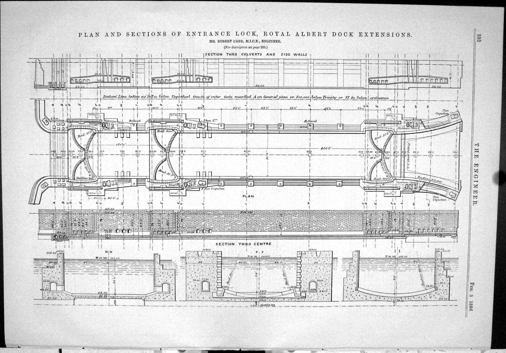 Old Print 1886 Plan Sections Entrance Lock Royal Albert Docks Robert Carr 19th