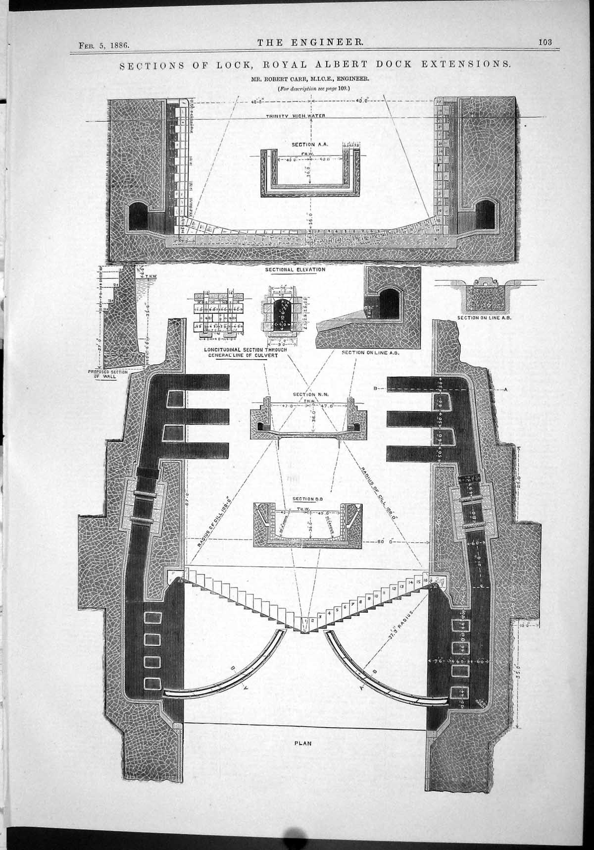 Old Engineering 1886 Plan Sections Lock Royal Albert Dock Extensions Victorian