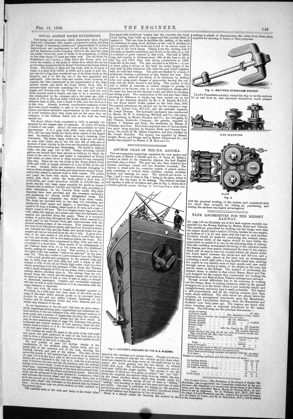 Old Print Engineering 1886 Anchor Gear Ship S.S. Algoma Baxter Stockless 19th