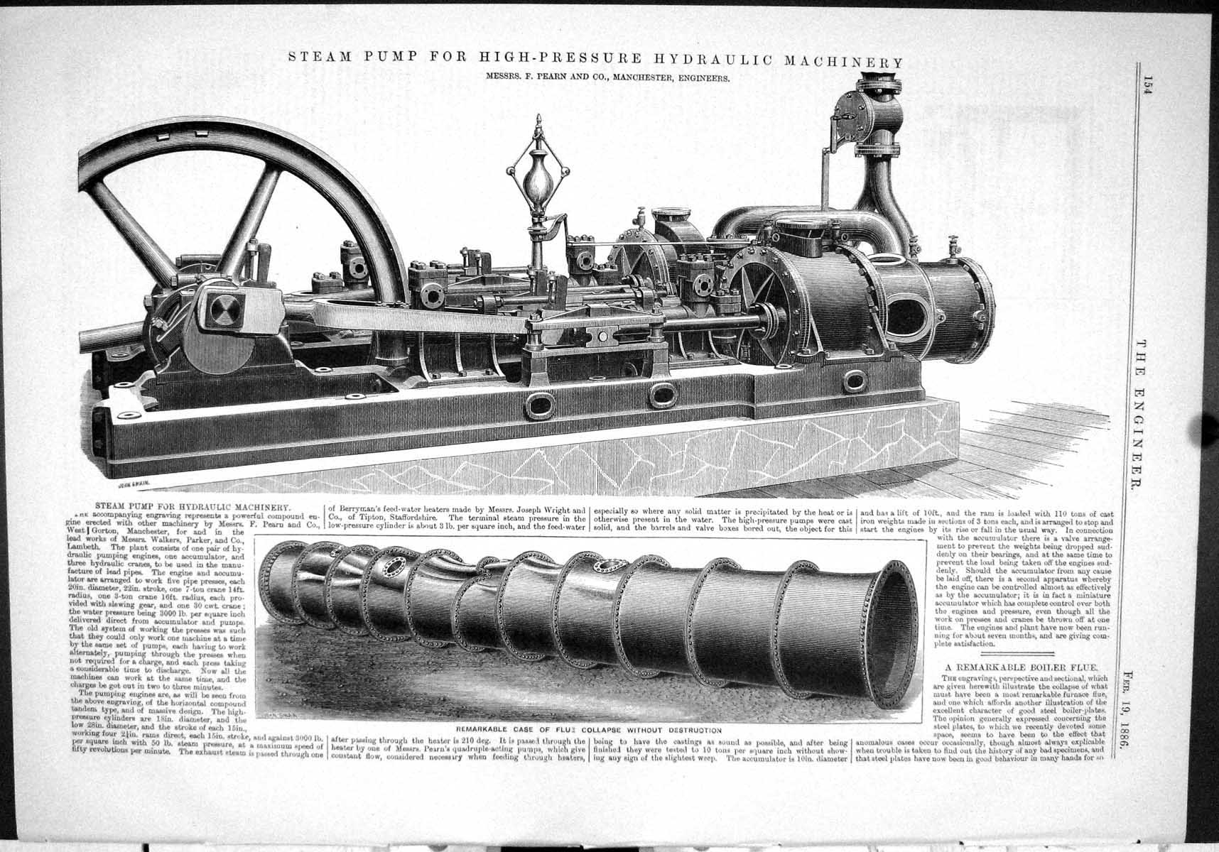 Antique Print 1886 Steam Pump High-Pressure Hydraulic Machinery Pearn Flue 19th