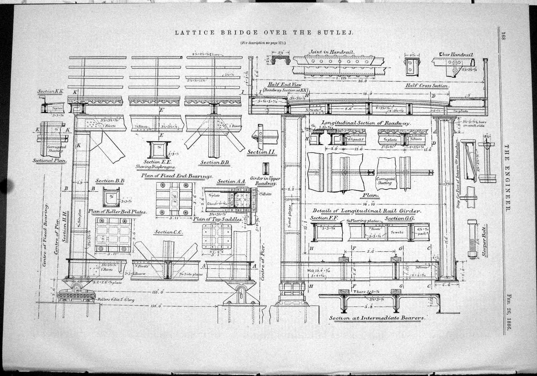 Antique Print 1886 Lattice Bridge River Sutlej Joint Handrail Plan Bearings