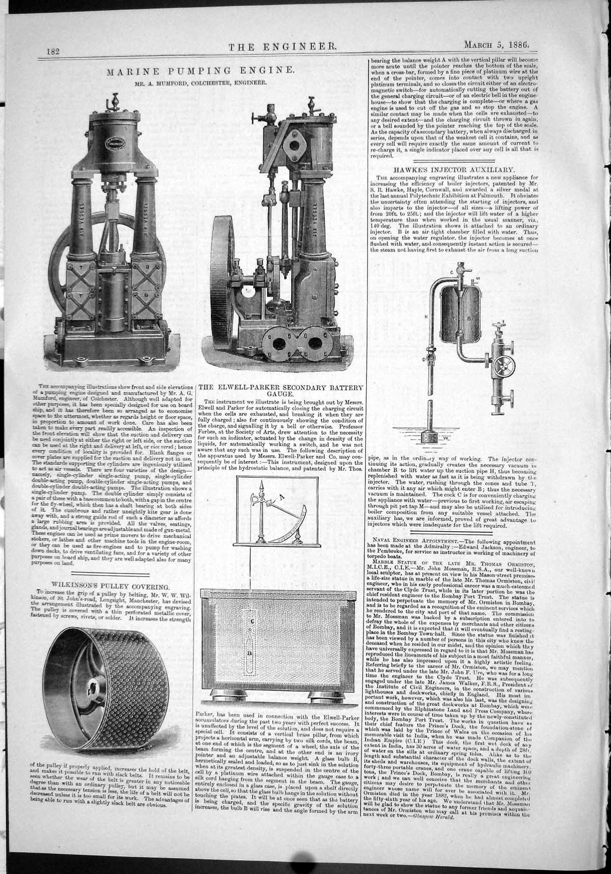 Old Print 1886 Marine Pumping Engine Mumford Elwell-Parker Battery Gauge 19th