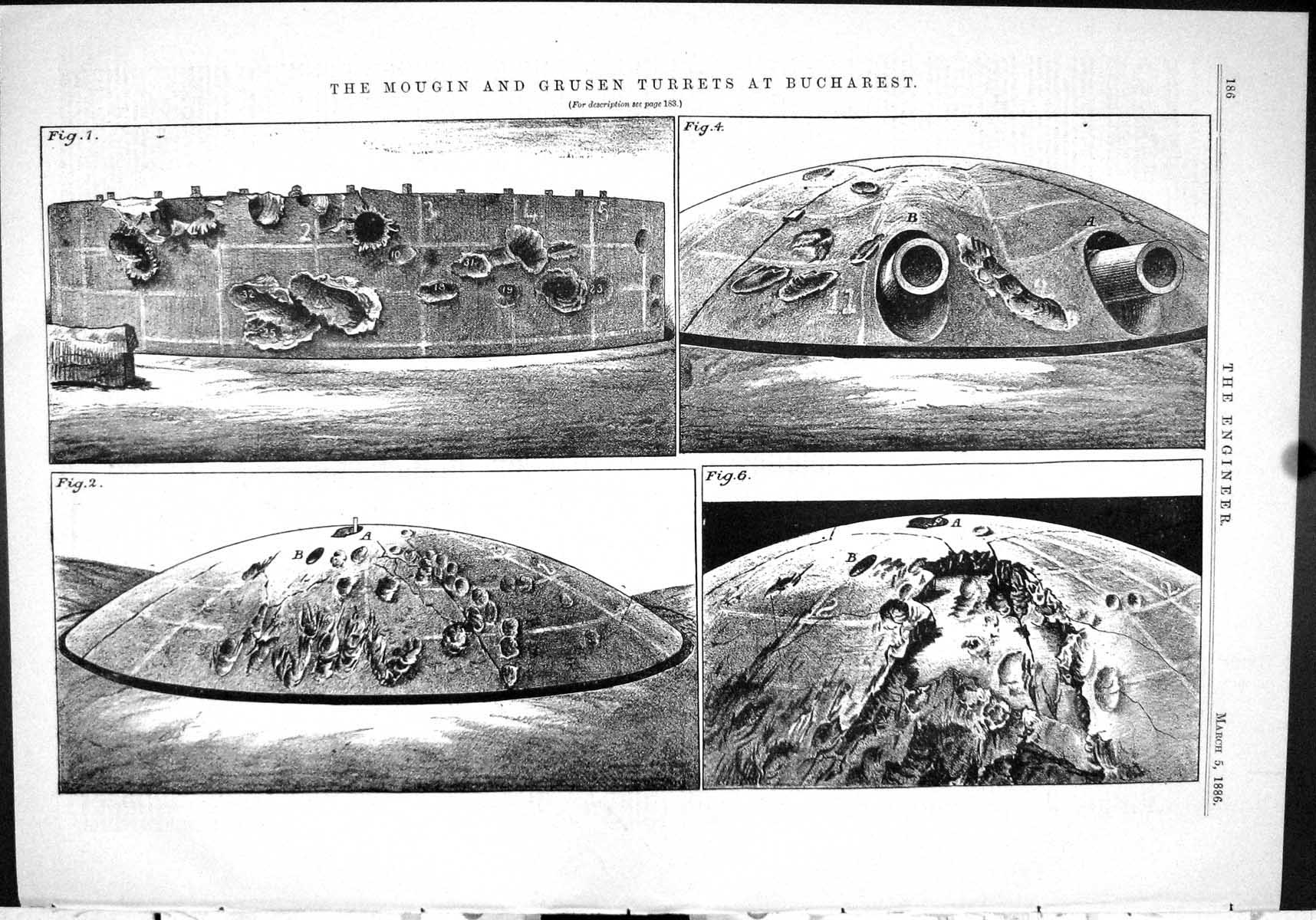 Old Print Engineering 1886 Mougin Grusen Turrets Bucharest Shells Weapons 19th