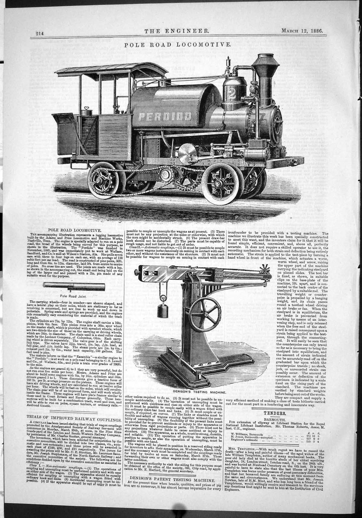 Old Engineering 1886 Pole Road Locomotive Train Denison Testing Machi Victorian