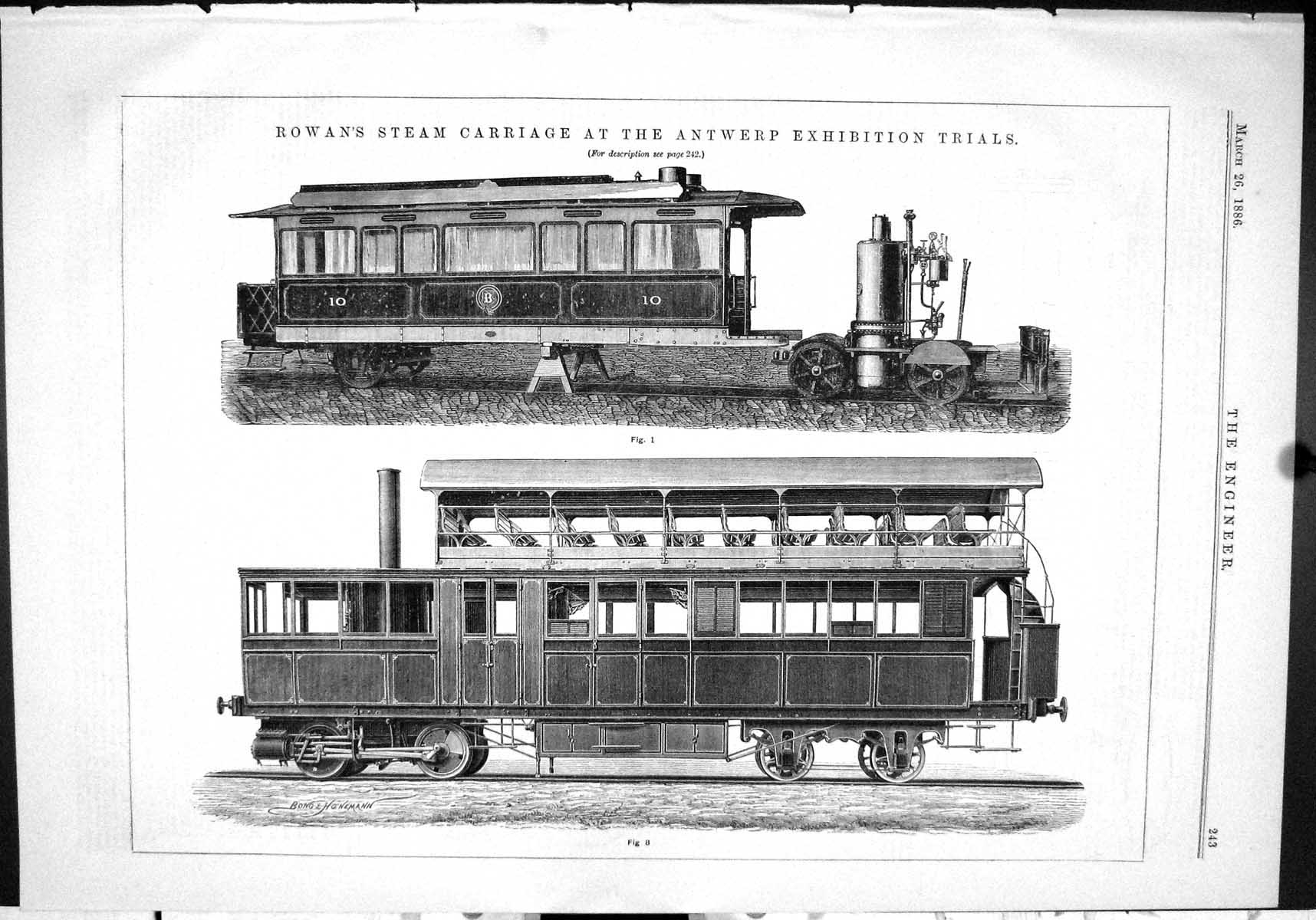 Antique Old Print 1886 Rowan Steam Carriage Antwerp Exhibition Train Railways