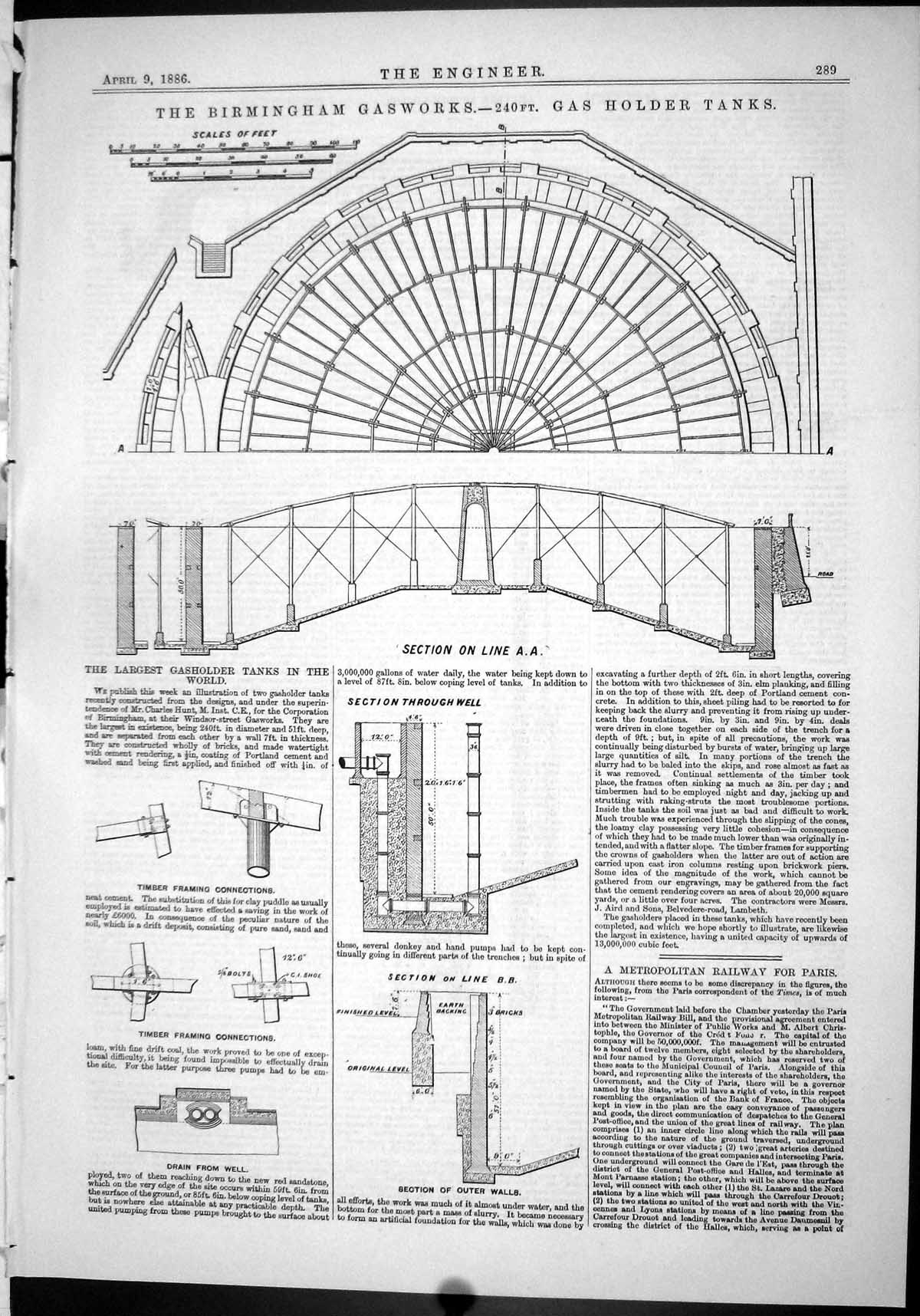 Antique Print Engineering 1886 Birmingham Gasworks Gas Her Tanks Drain Well