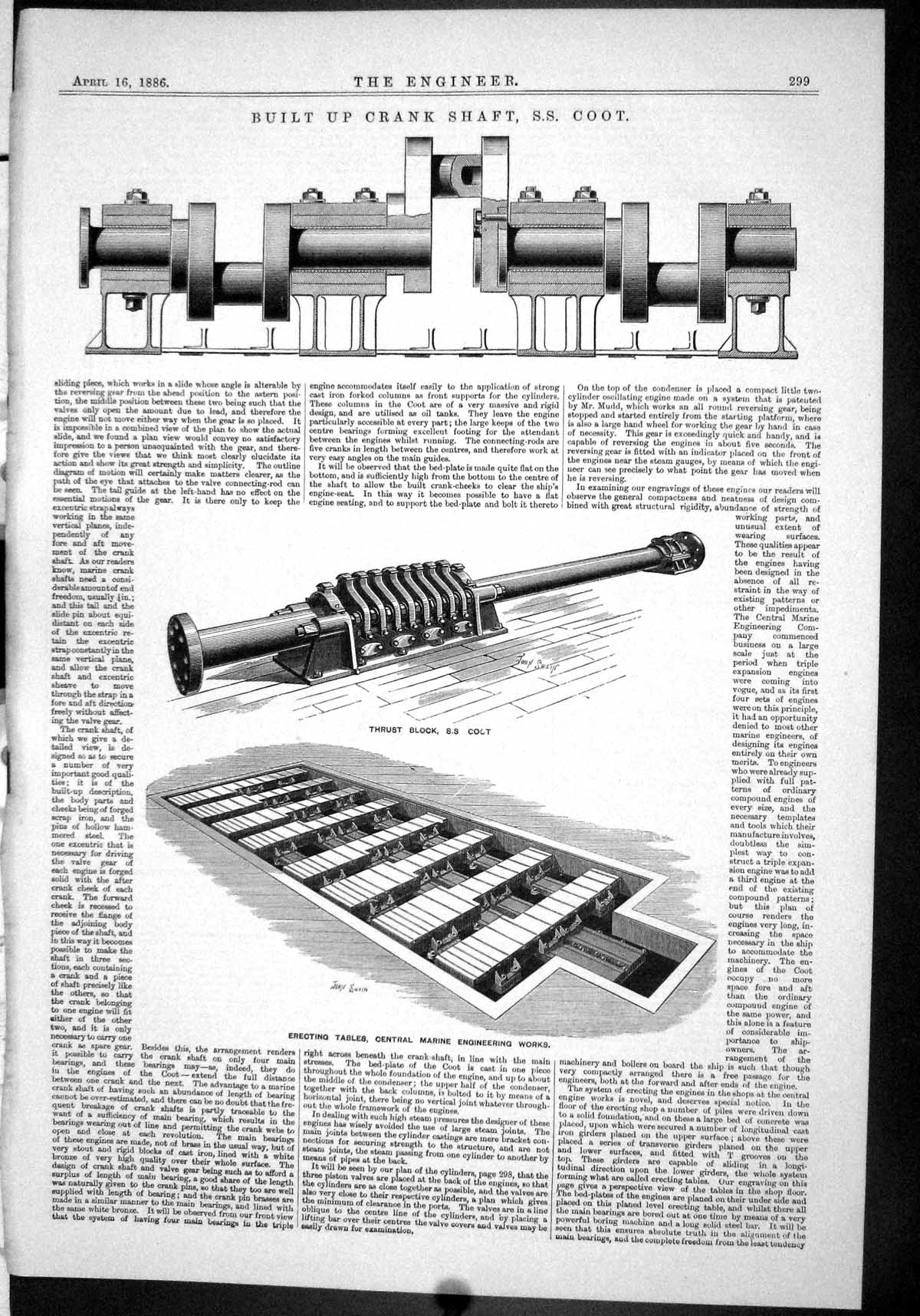 Antique Old Print 1886 Built Up Crank Shaft S.S. Coot Thrust Block Valve Gear