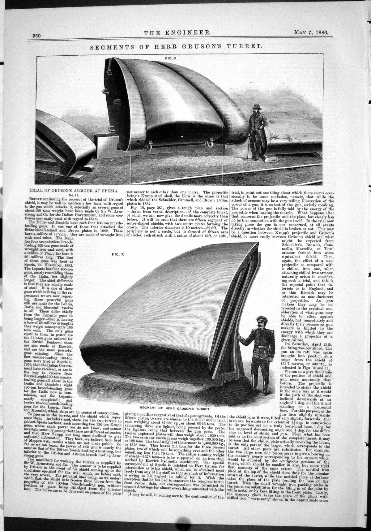 Antique Old Print Engineering 1886 Segments Herr Gruson Turret Armour Spezia