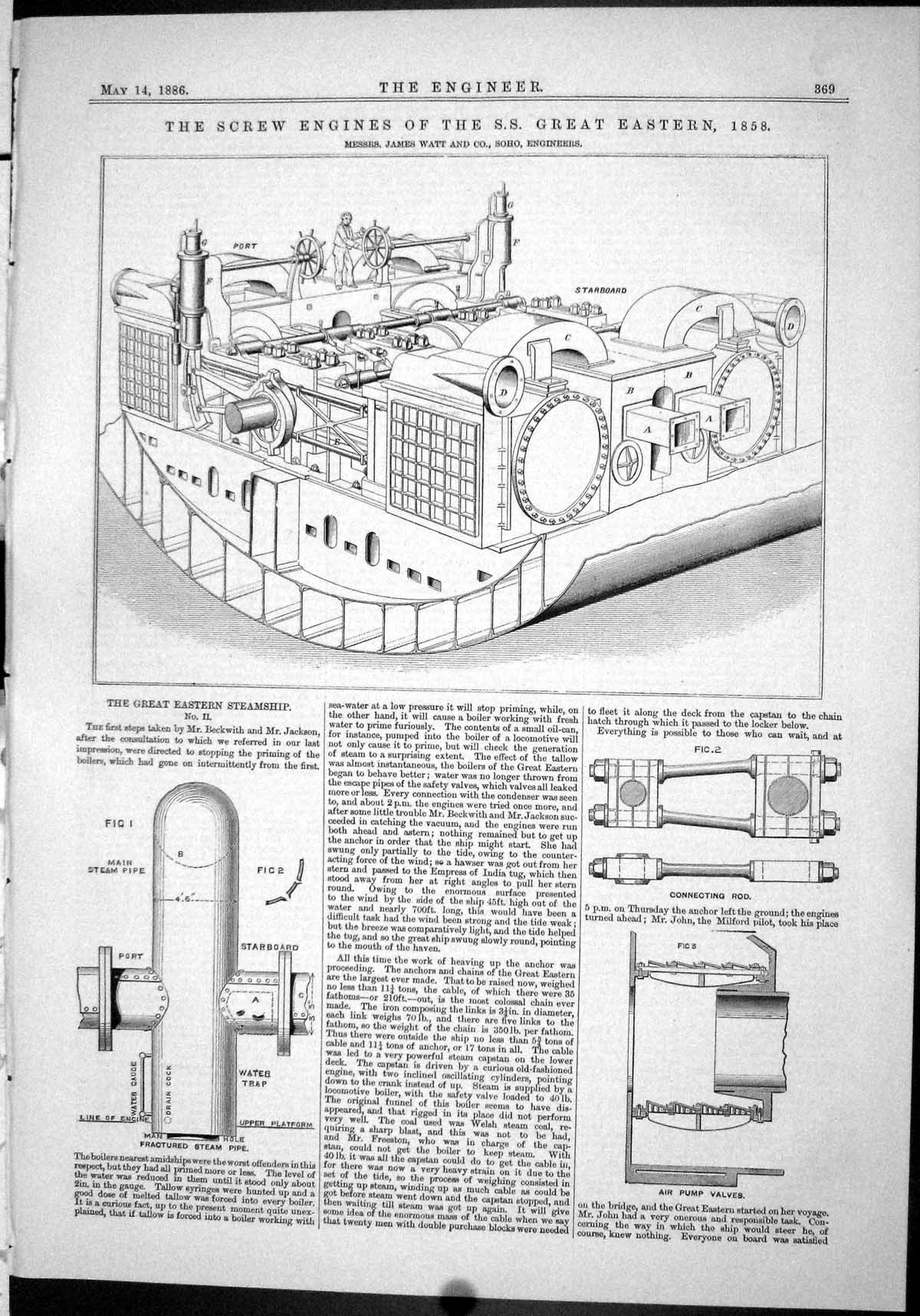 Antique Print 1886 Screw Engines Ship Great Eastern James Watt Pump Valves 19th