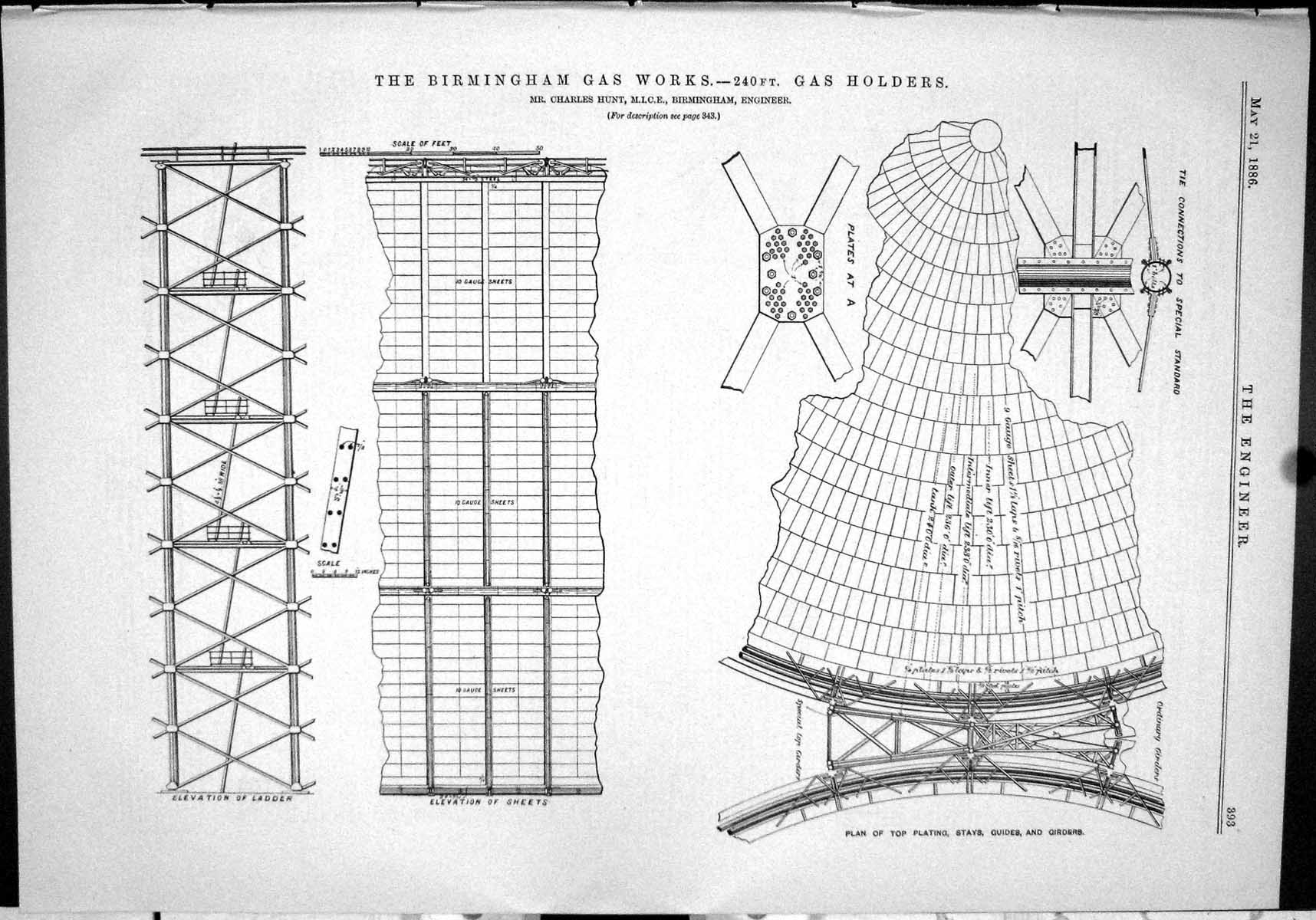 Antique Old Print 1886 Birmingham Gas Works Hers Charles Hunt Gauge Sheets 19th